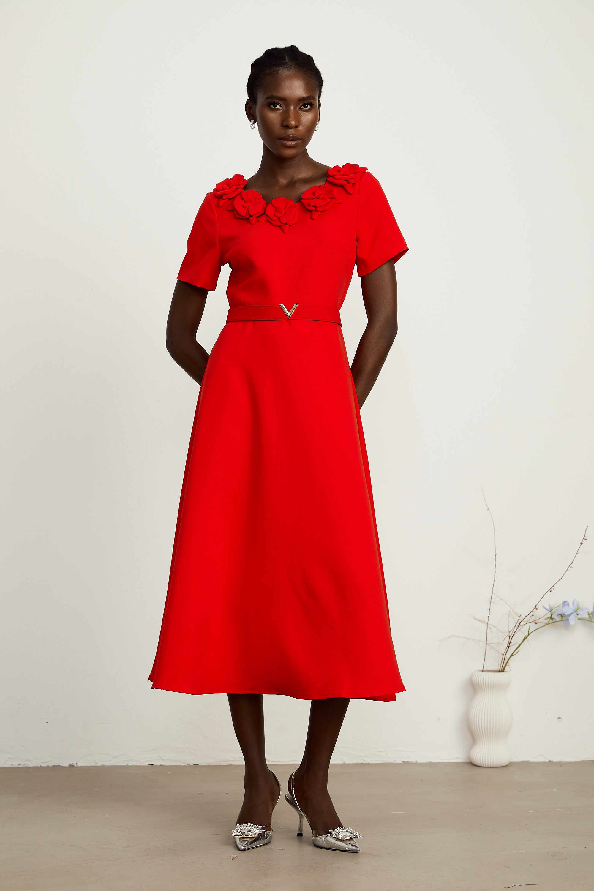 Odette red short-sleeve floral-appliqué midi dress