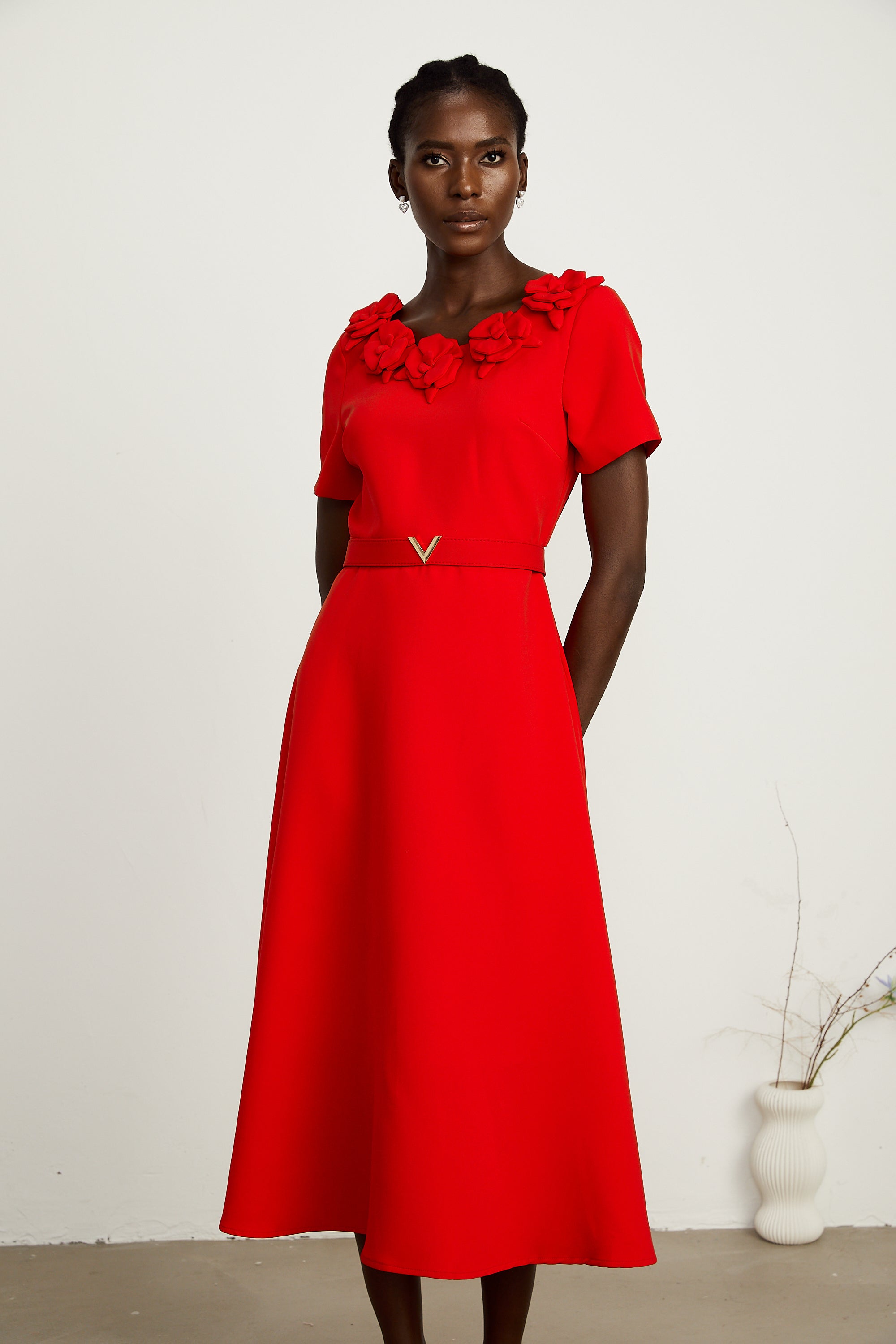 Odette red short-sleeve floral-appliqué midi dress