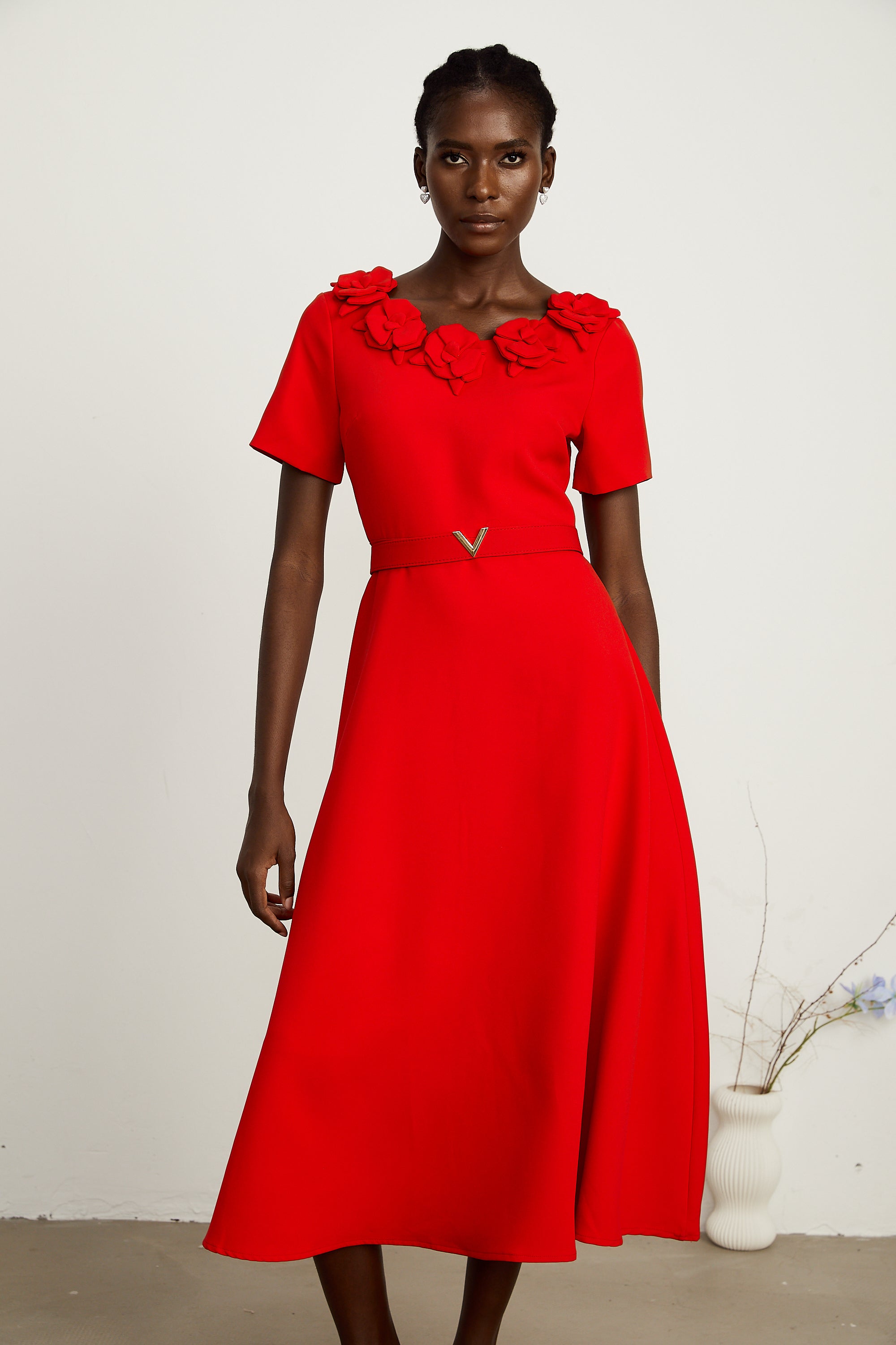 Odette red short-sleeve floral-appliqué midi dress