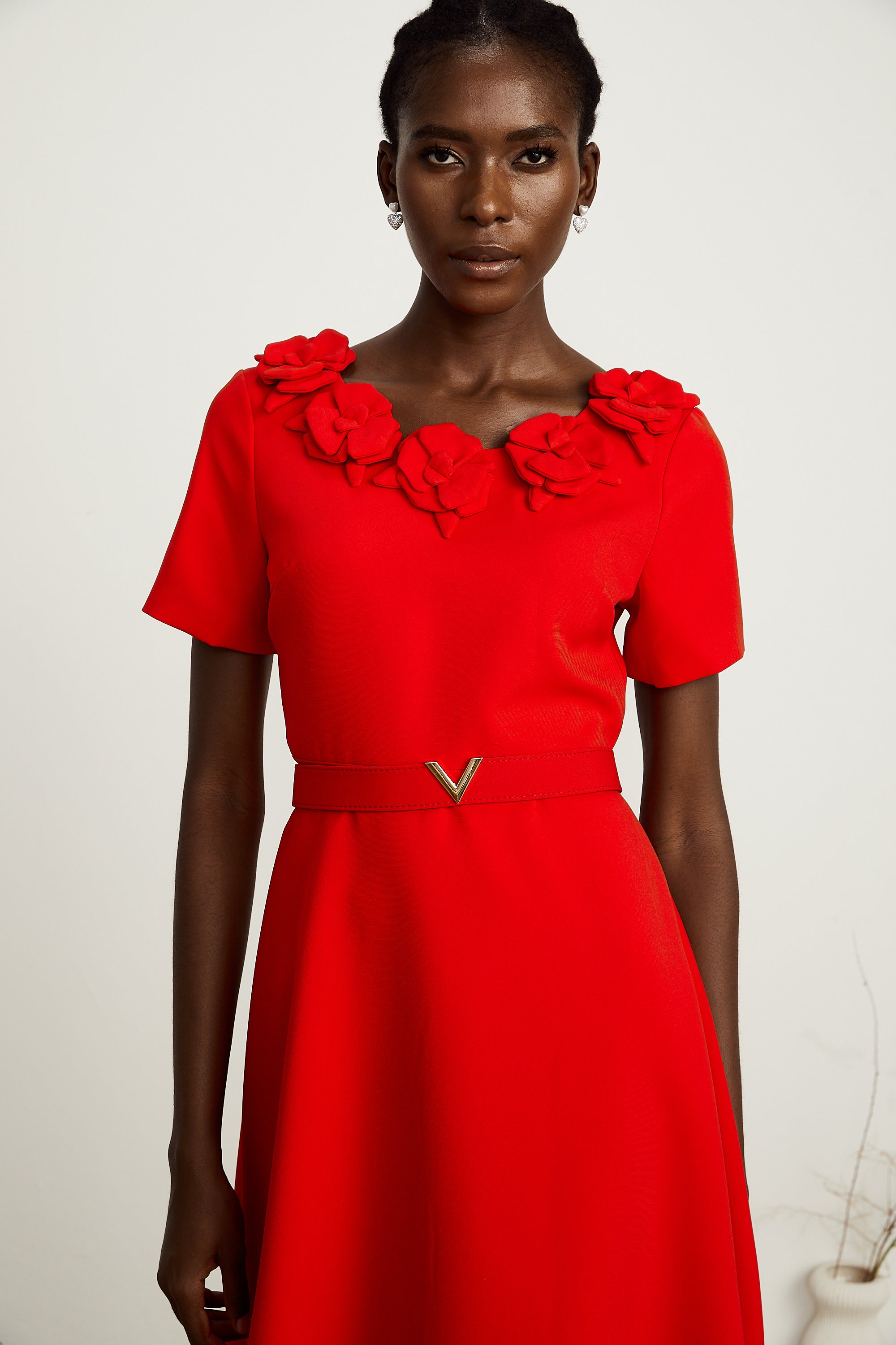 Odette red short-sleeve floral-appliqué midi dress