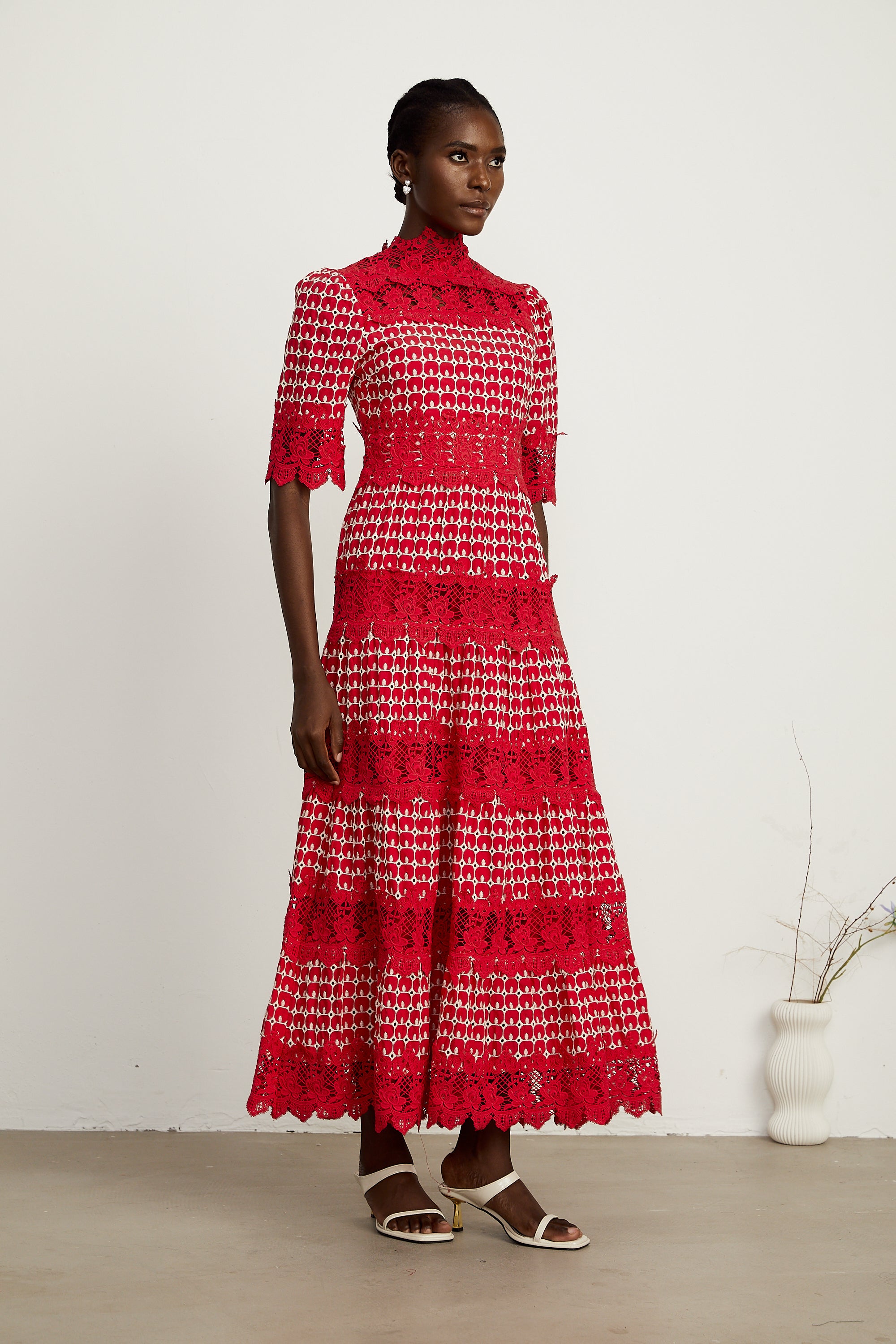 Chantal red scallop-pattern lace-panel midi dress