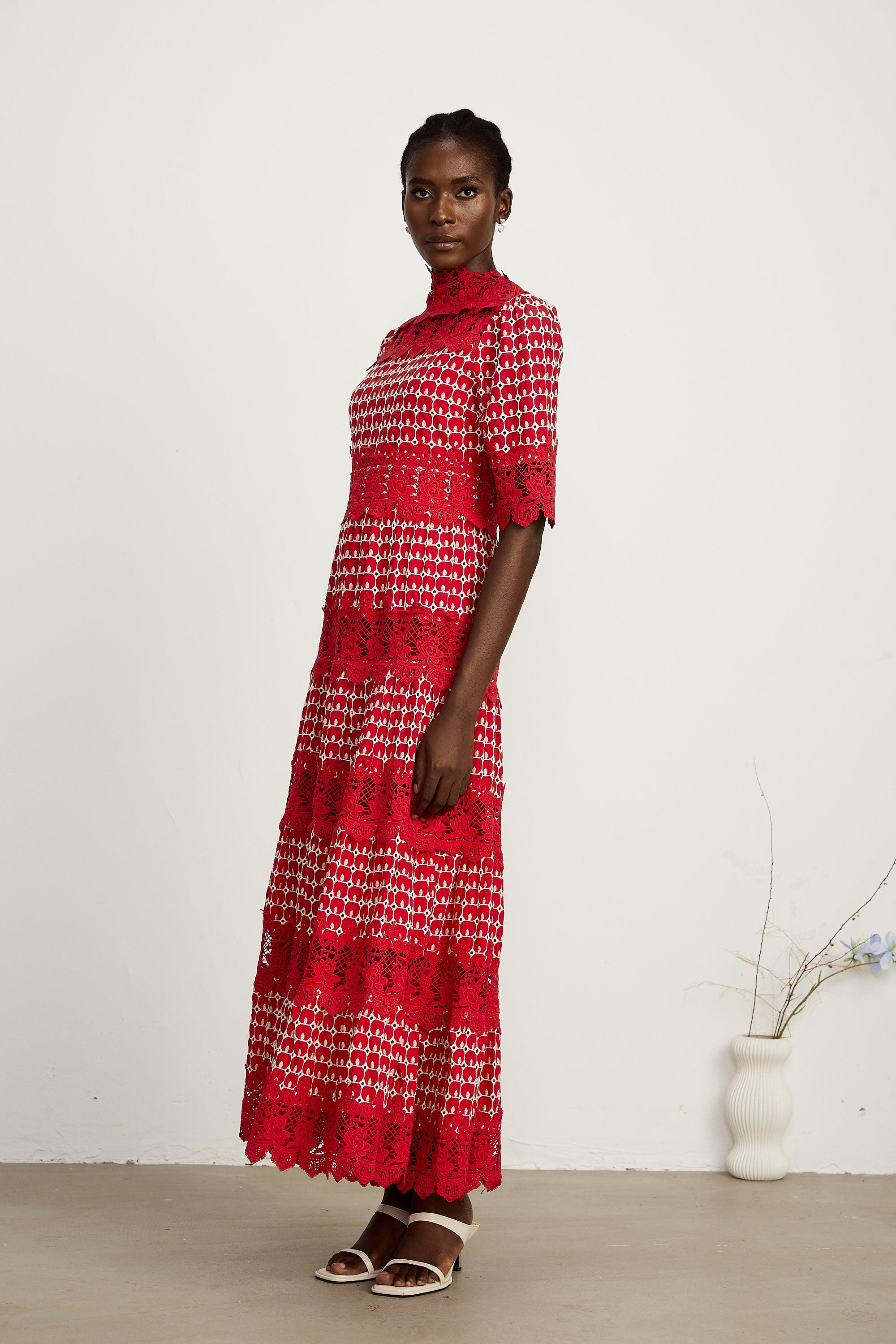 Chantal red scallop-pattern lace-panel midi dress