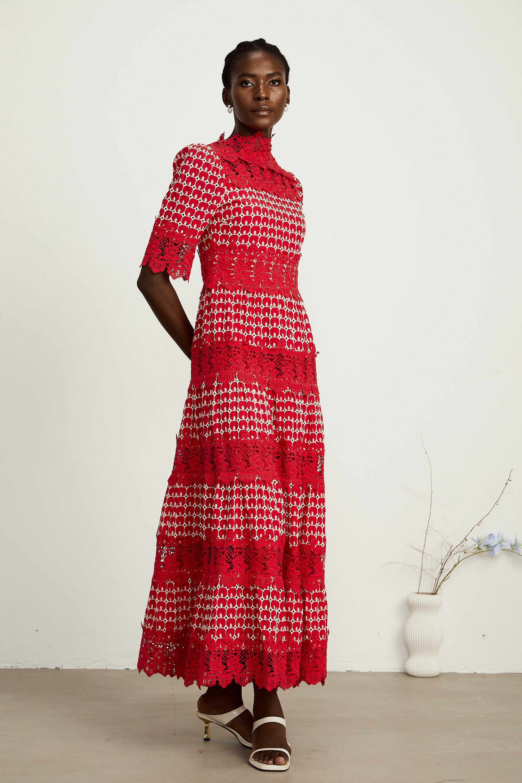 Chantal red scallop-pattern lace-panel midi dress