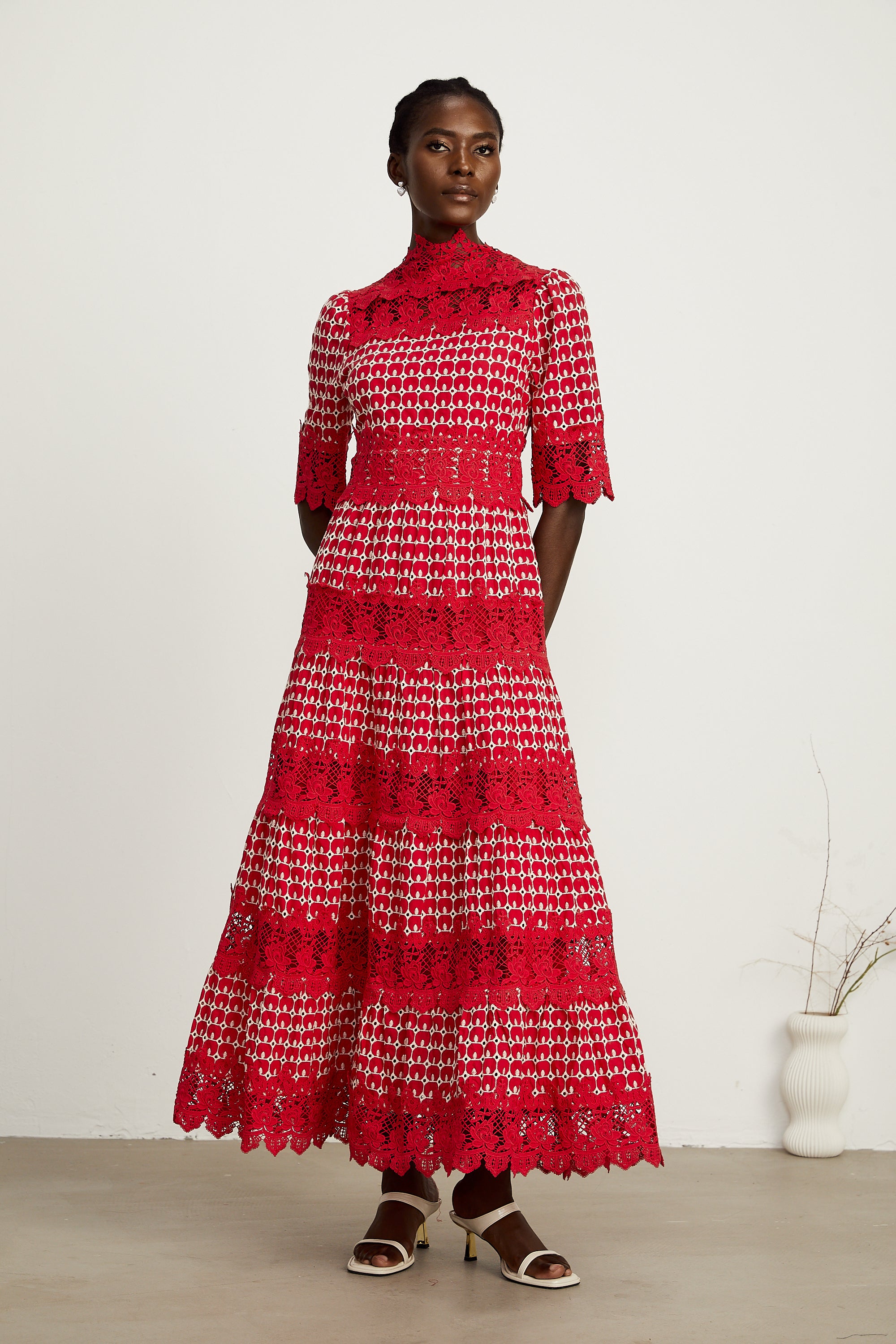 Chantal red scallop-pattern lace-panel midi dress