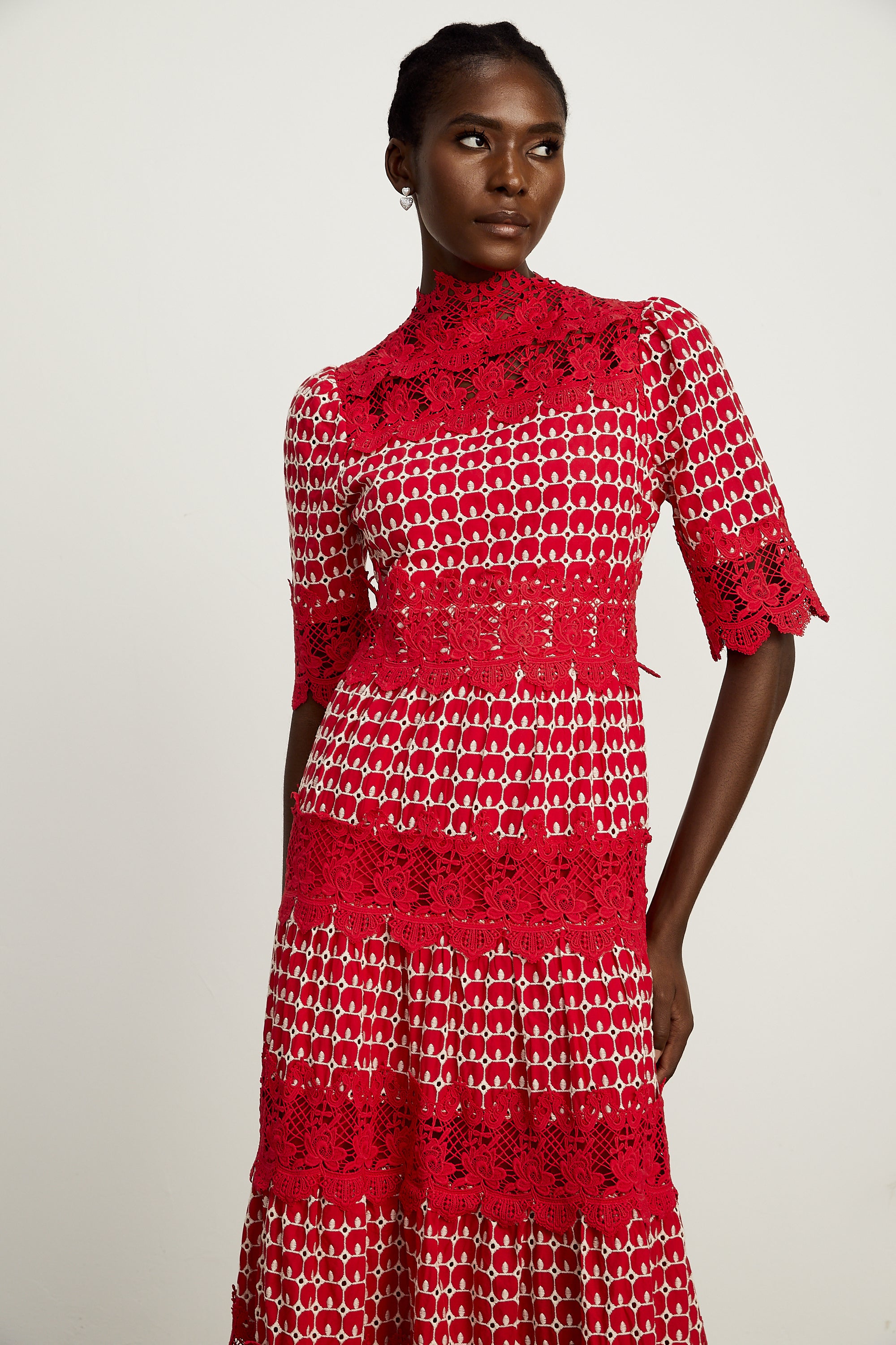 Chantal red scallop-pattern lace-panel midi dress