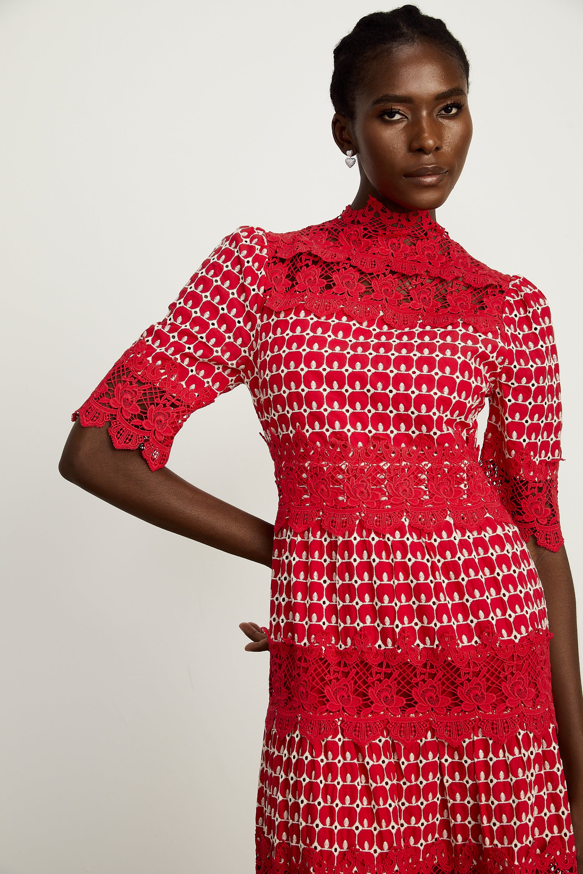 Chantal red scallop-pattern lace-panel midi dress