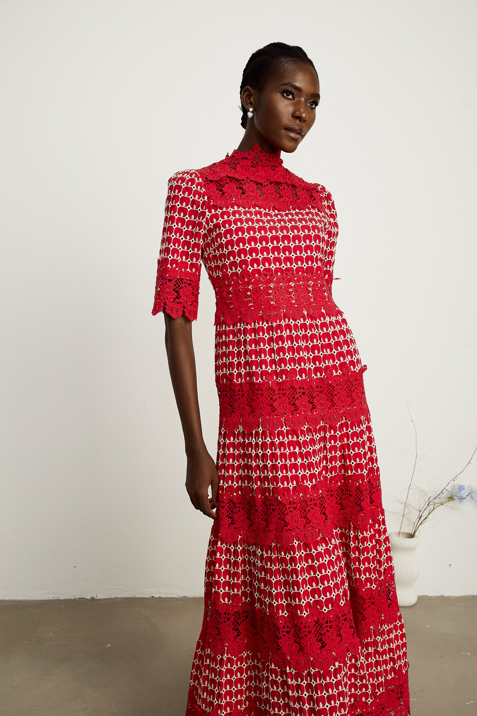 Chantal red scallop-pattern lace-panel midi dress