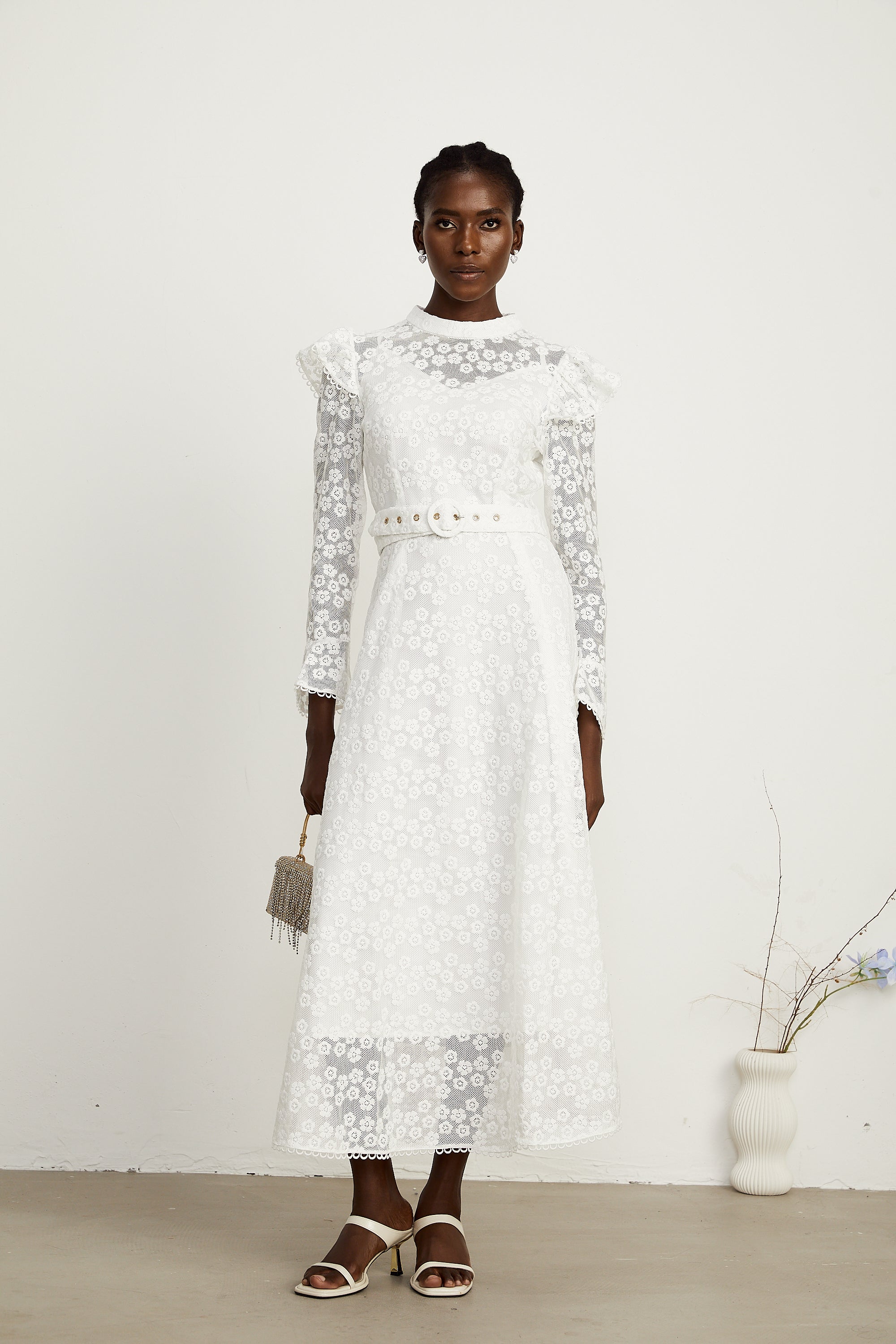 Clotilde white floral-embroidered midi dress