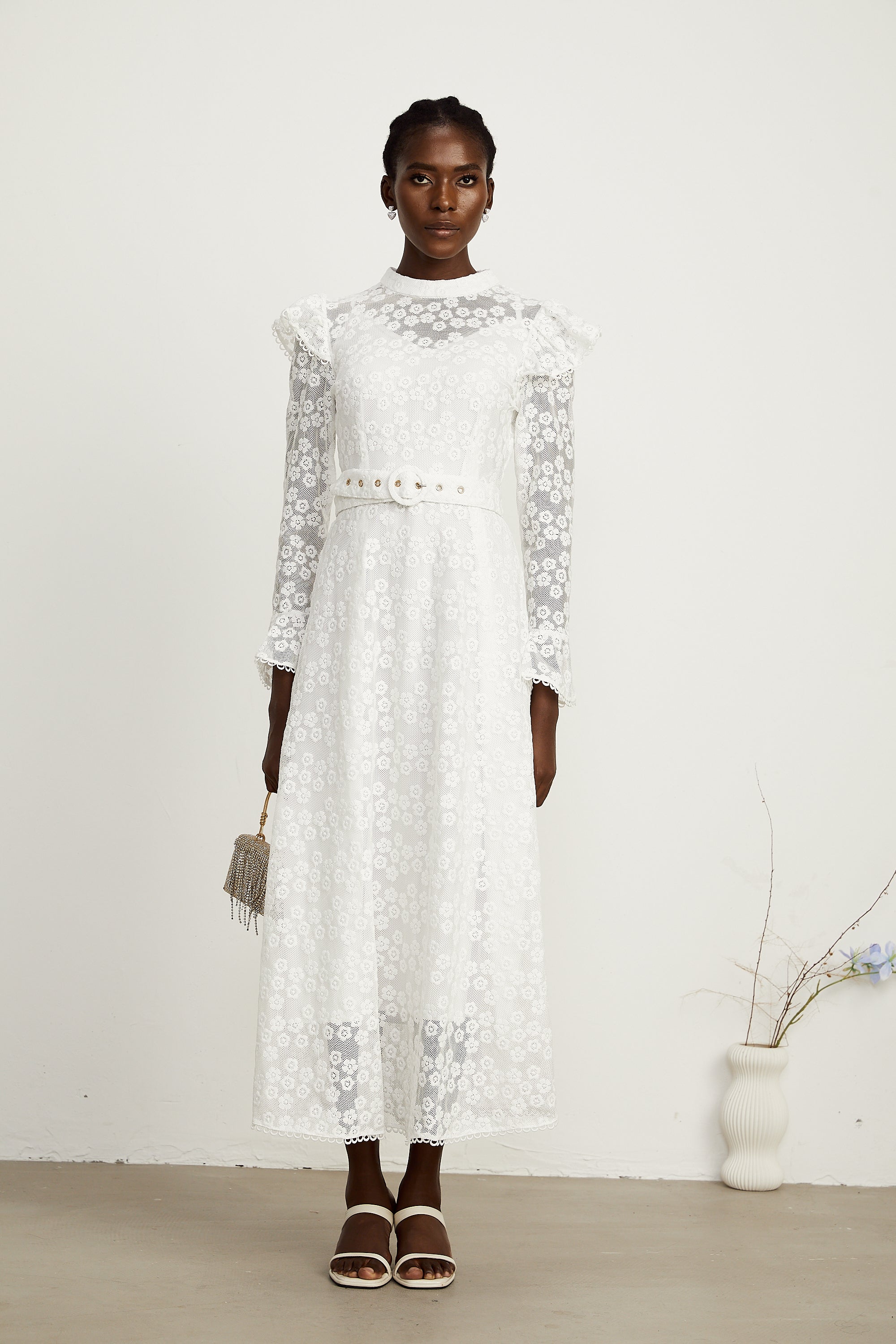 Clotilde white floral-embroidered midi dress