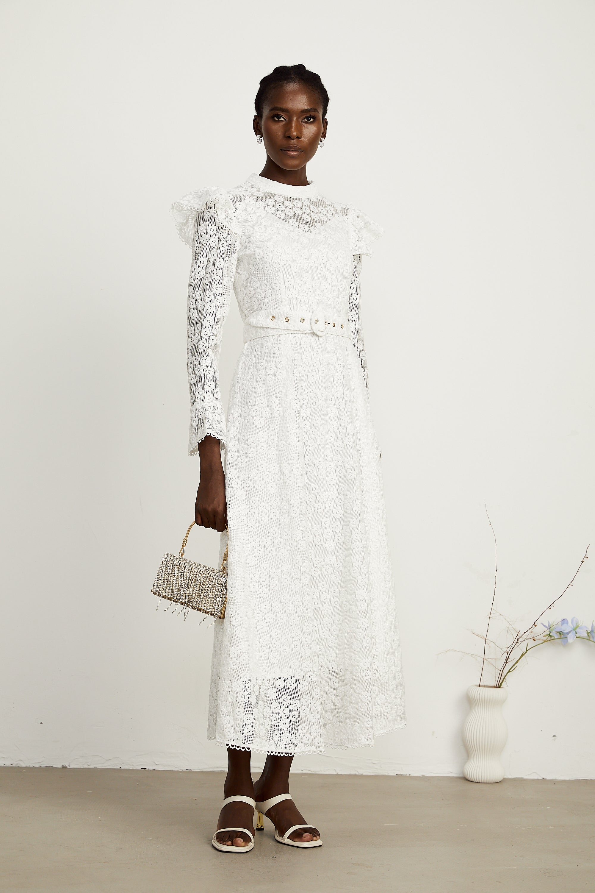 Clotilde white floral-embroidered midi dress