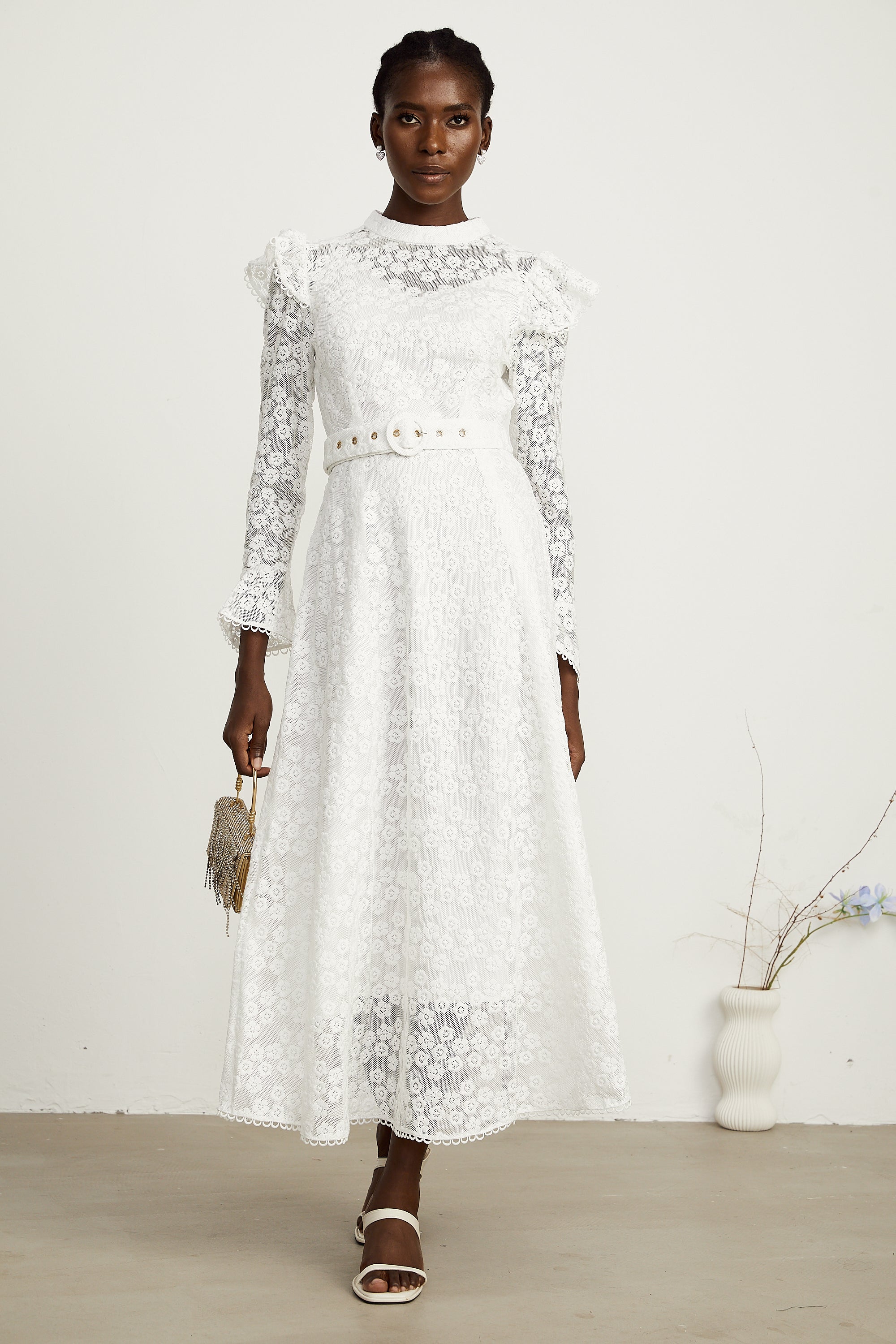 Clotilde white floral-embroidered midi dress