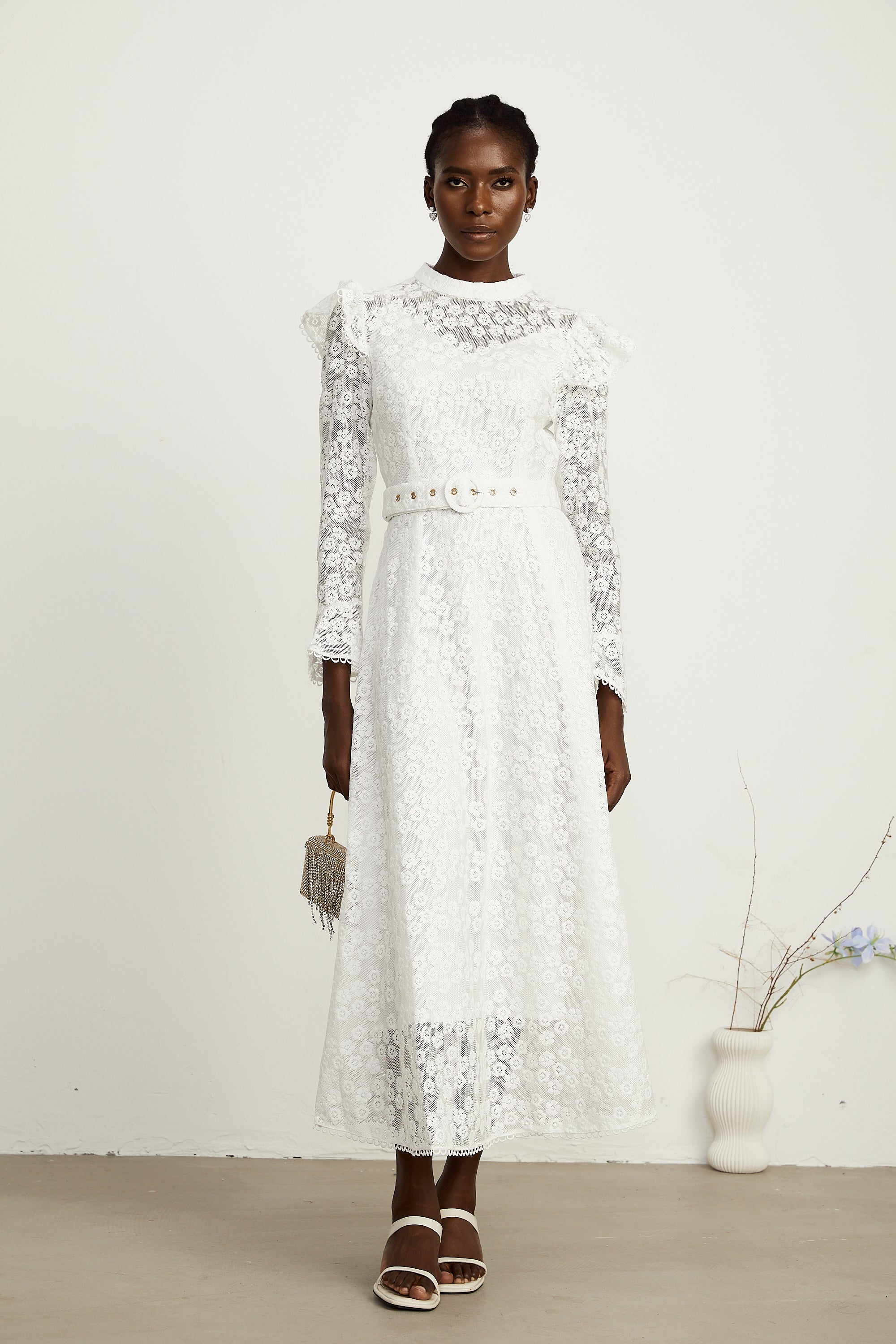 Clotilde white floral-embroidered midi dress