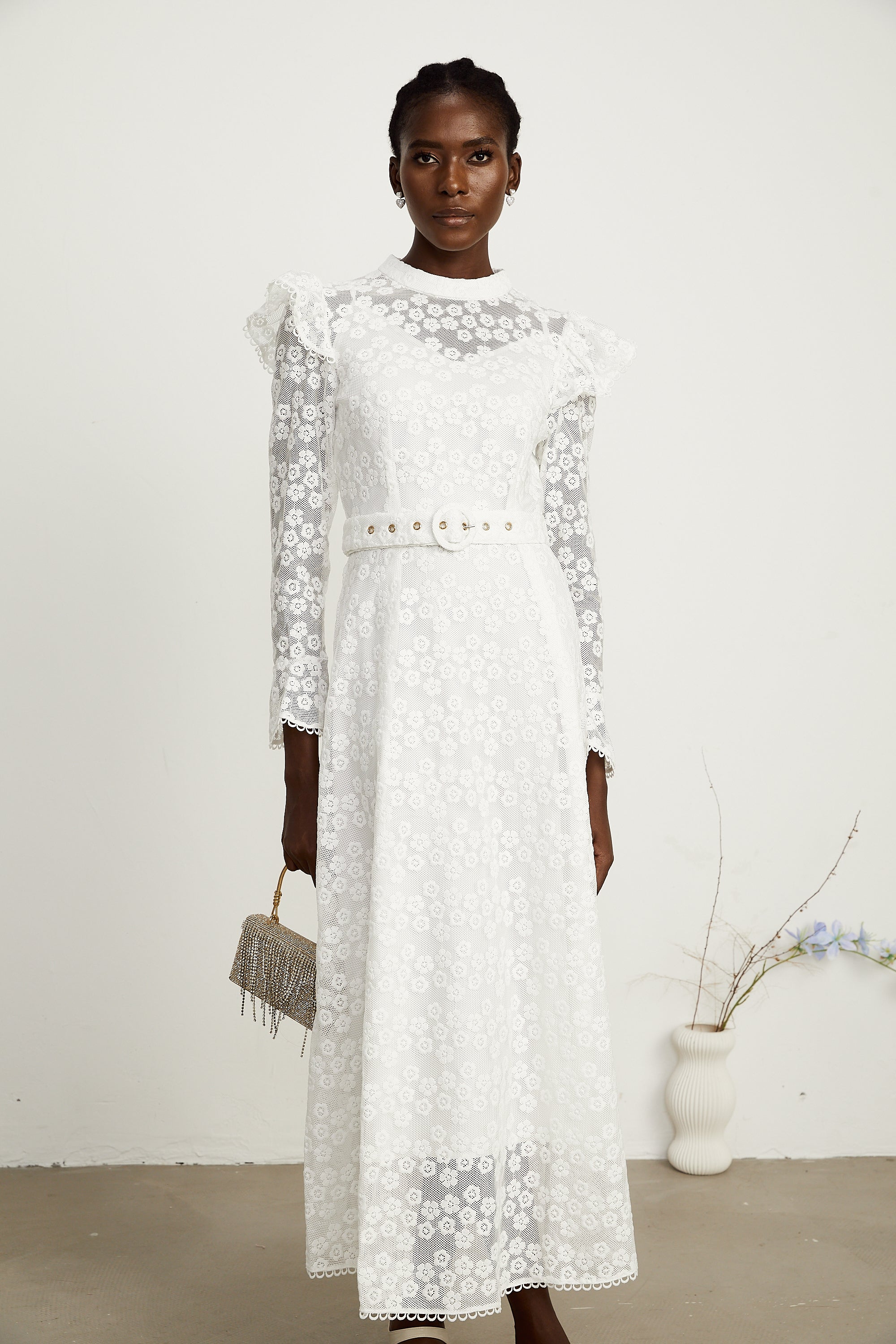 Clotilde white floral-embroidered midi dress