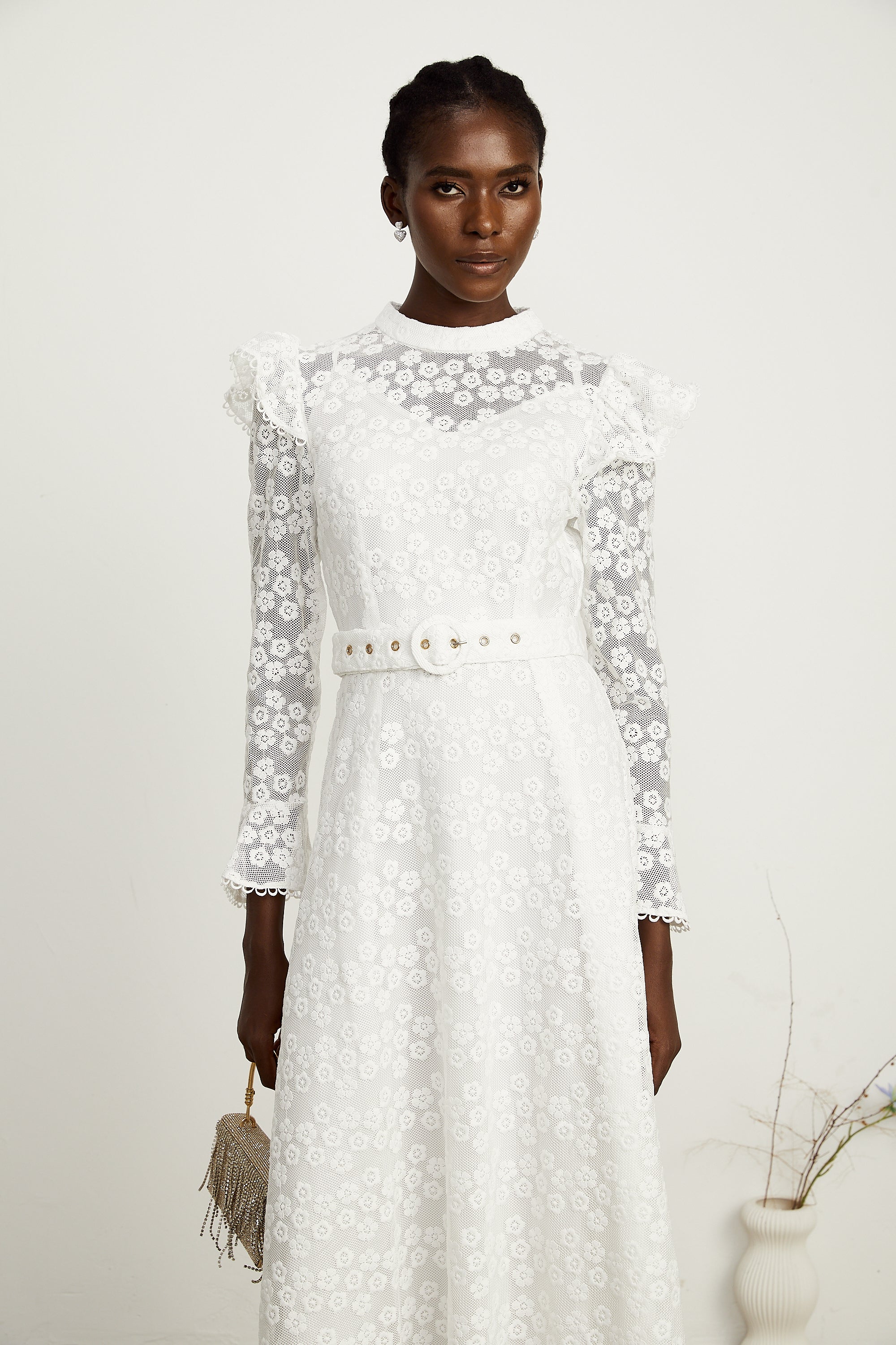 Clotilde white floral-embroidered midi dress