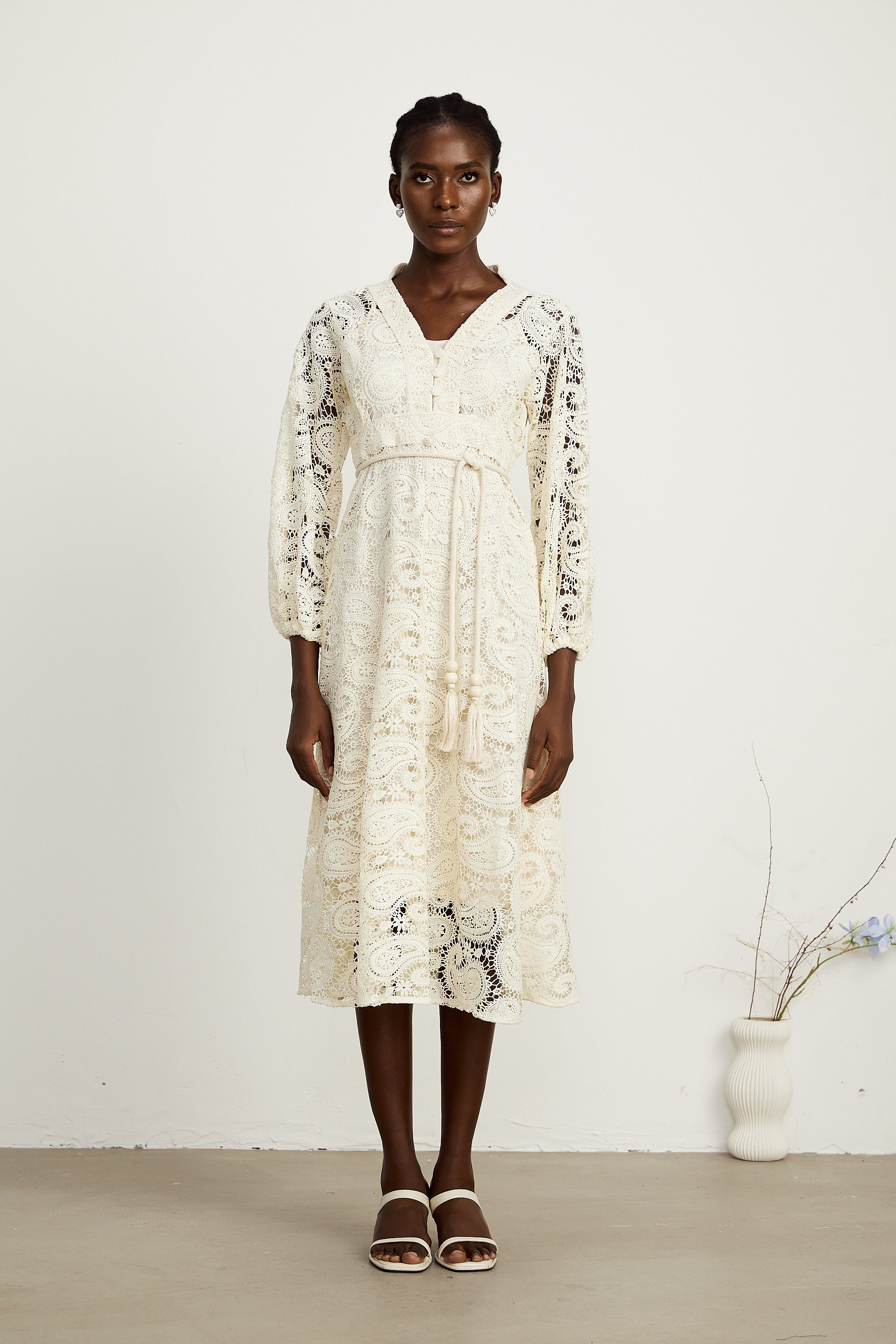 Georgette paisley-pattern lace midi dress