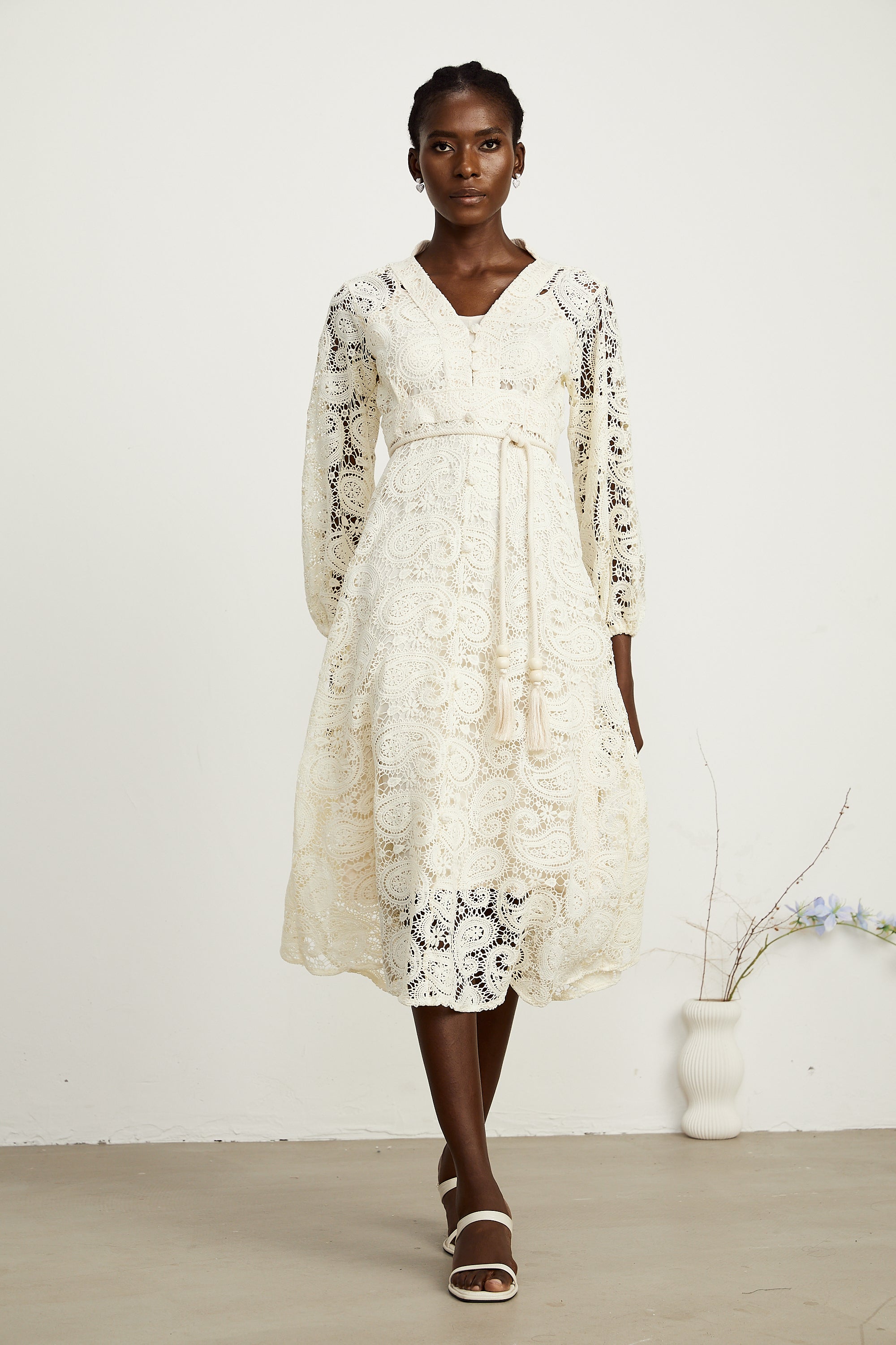 Georgette paisley-pattern lace midi dress