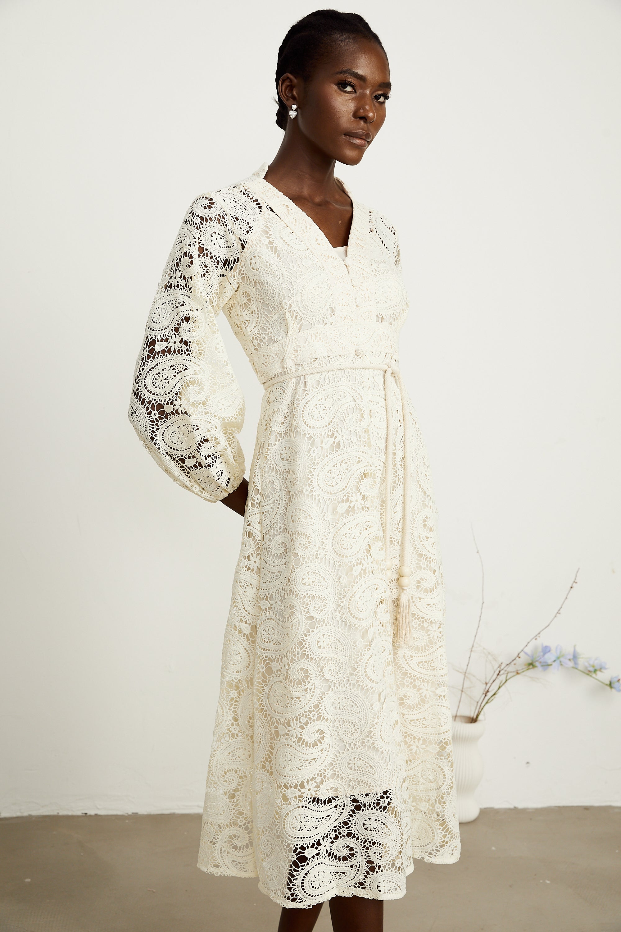 Georgette paisley-pattern lace midi dress