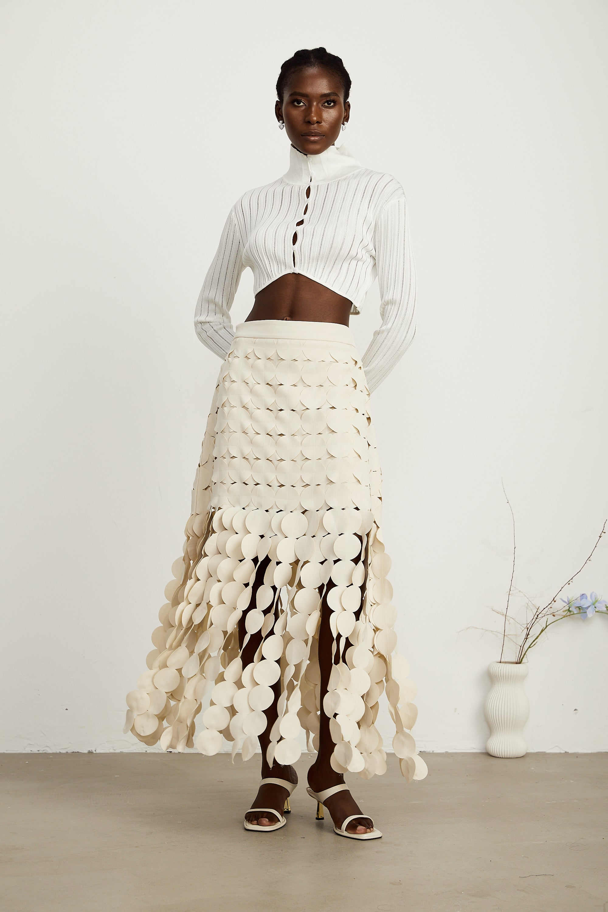 Hanna disc-design fringed midi skirt in Neutrals