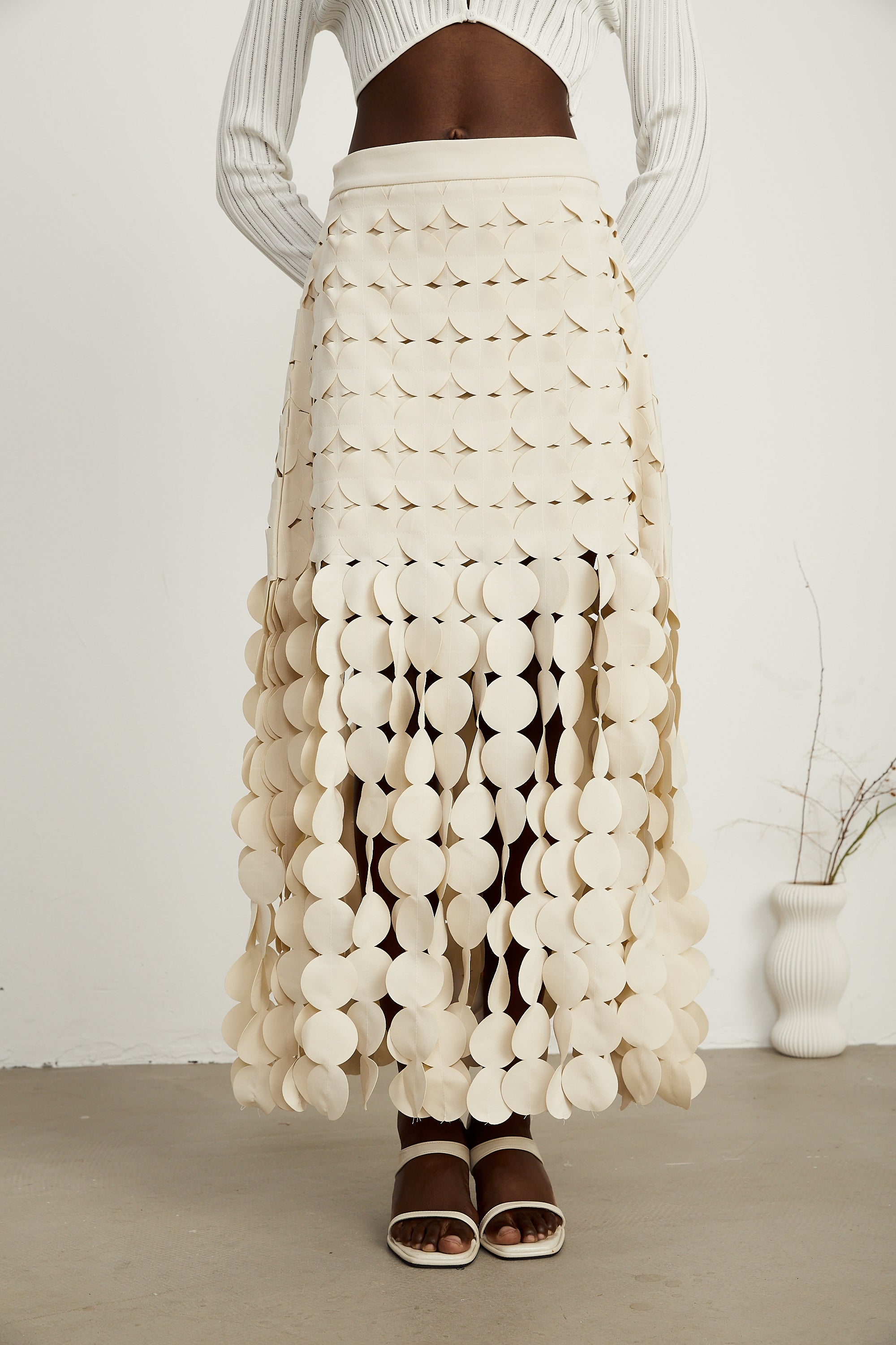 Hanna disc-design fringed midi skirt in Neutrals