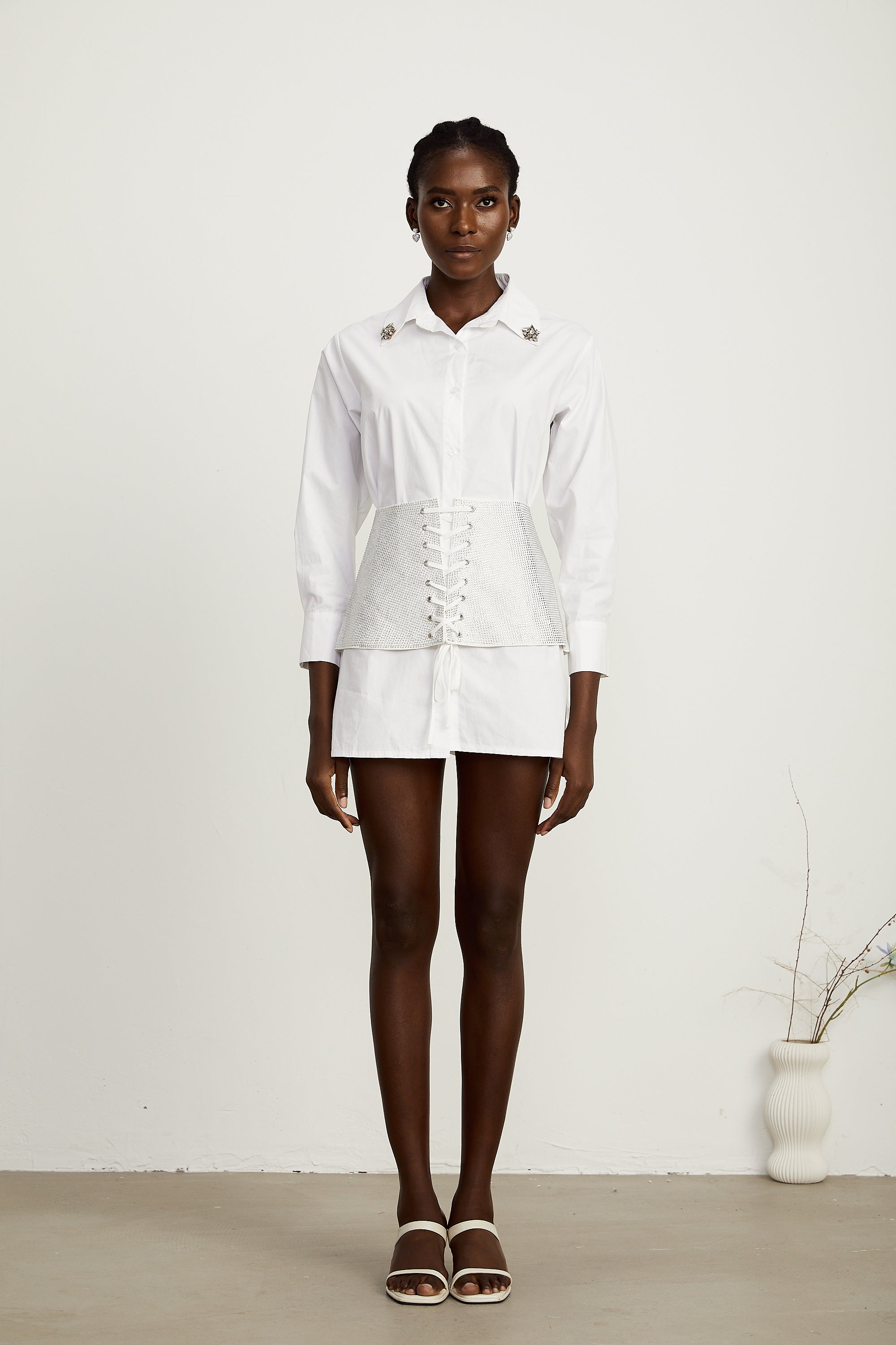 Jeanine white corset-belt bead-embellished shirt dress