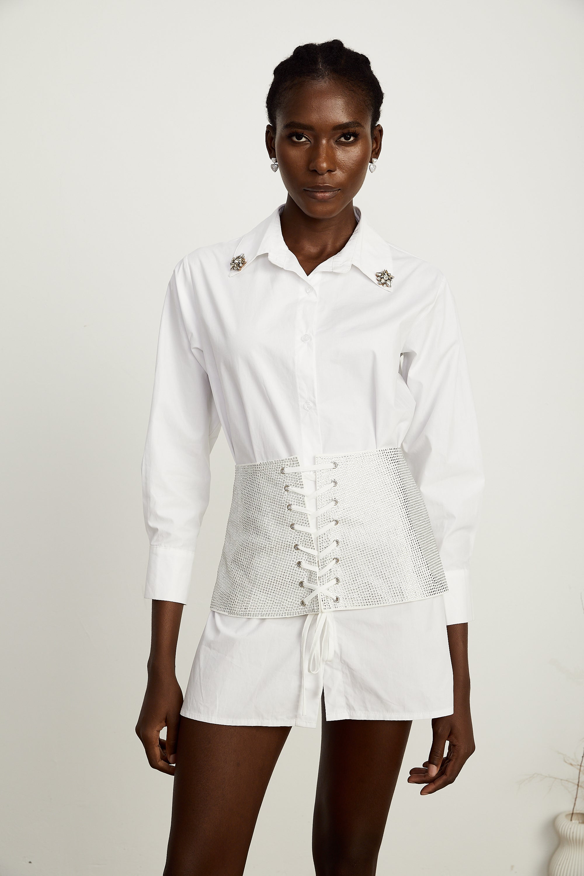 Jeanine white corset-belt bead-embellished shirt dress