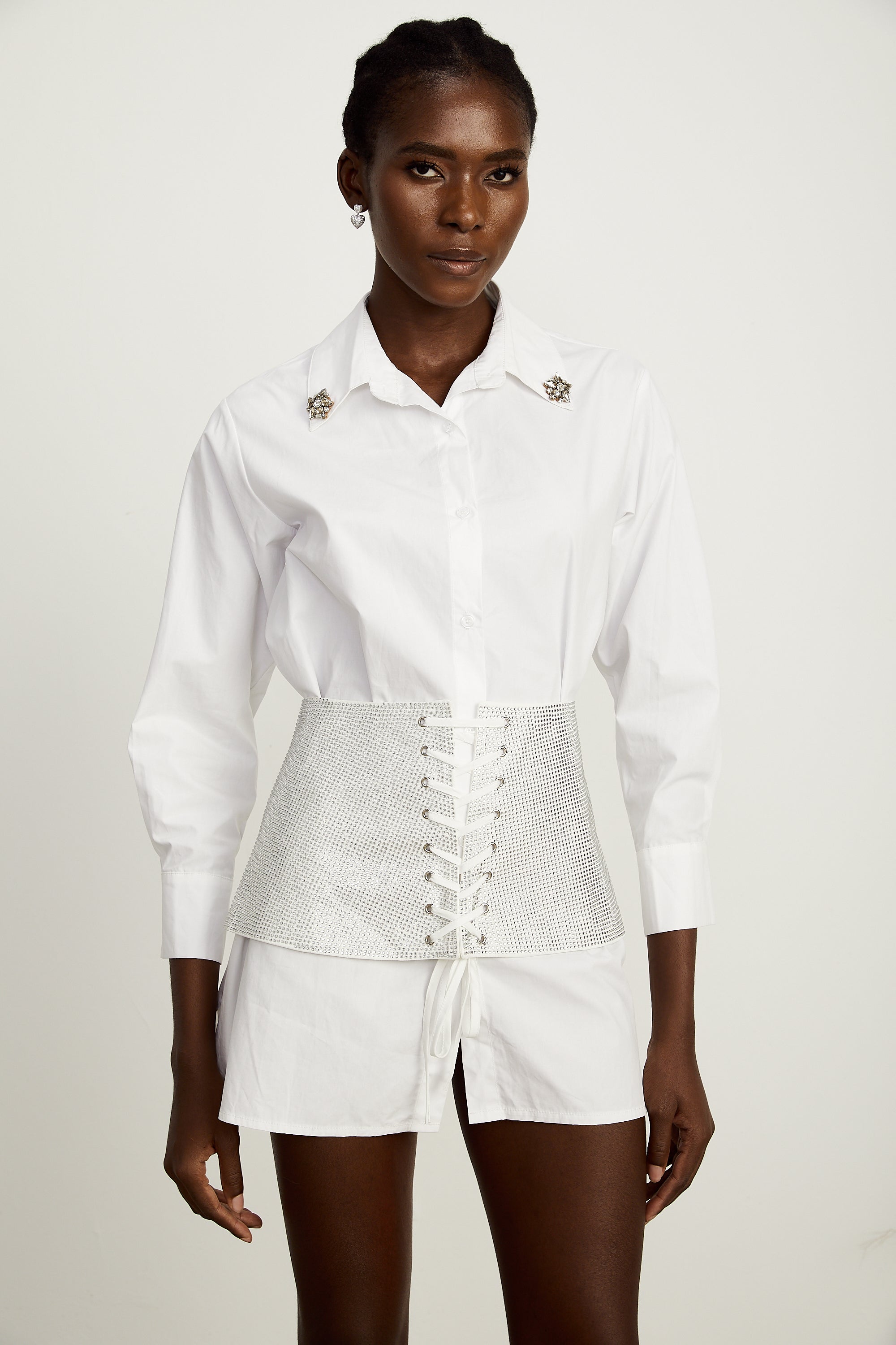 Jeanine white corset-belt bead-embellished shirt dress