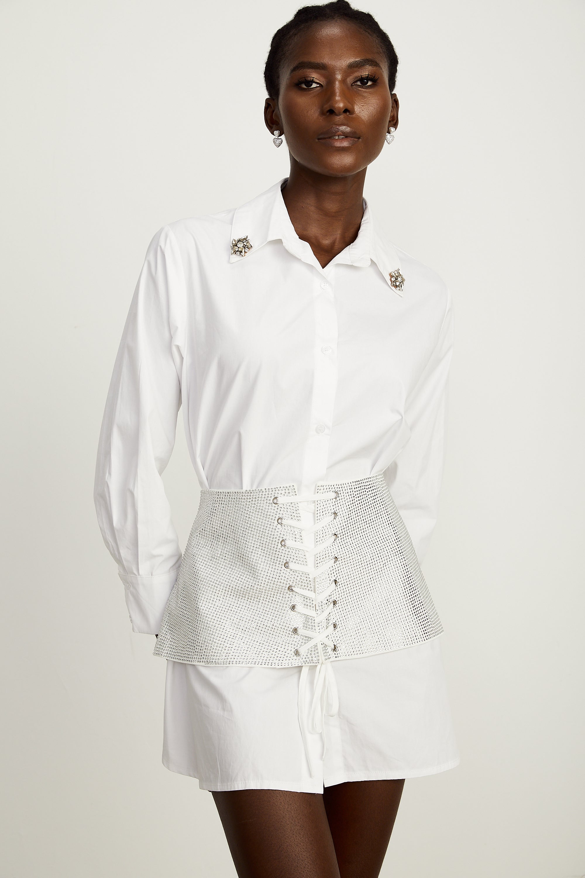 Jeanine white corset-belt bead-embellished shirt dress