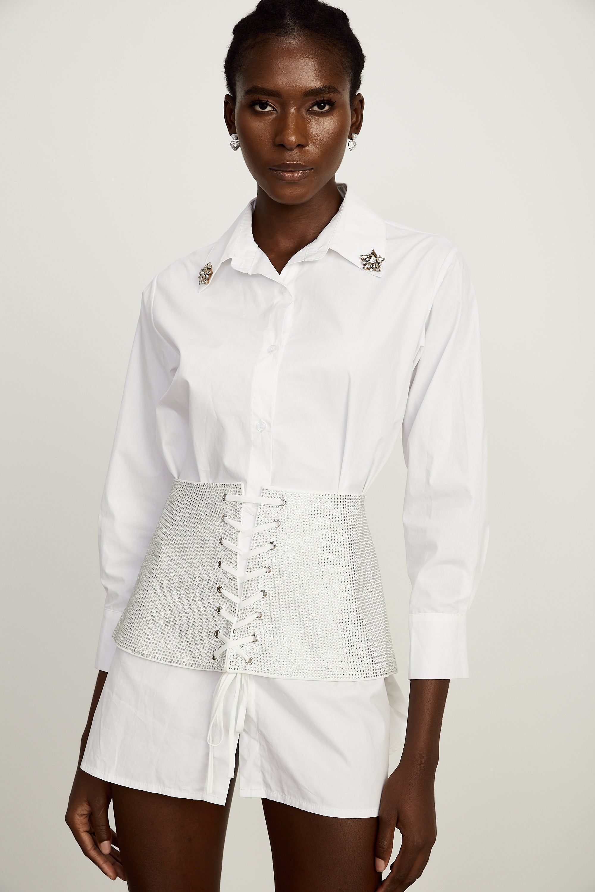 Jeanine white corset-belt bead-embellished shirt dress