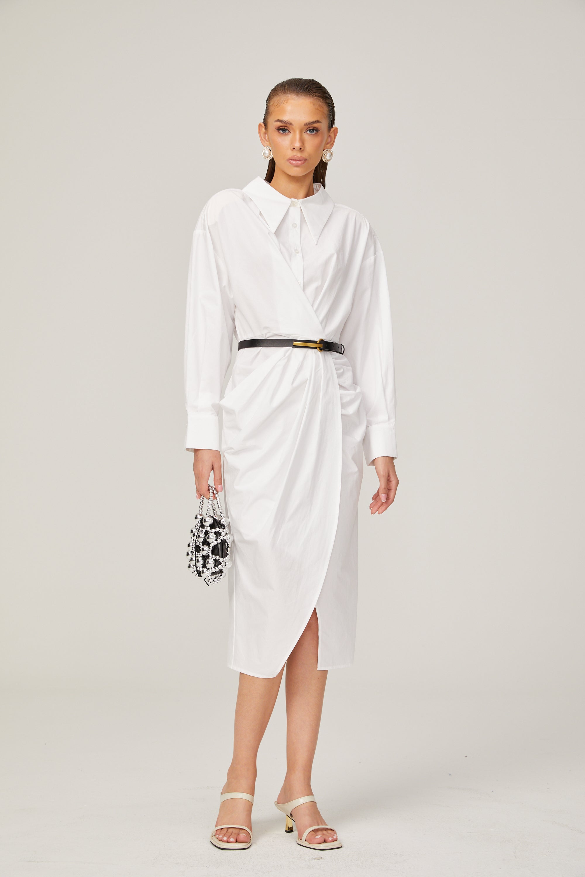 Dorothée white warp-design midi shirt dress