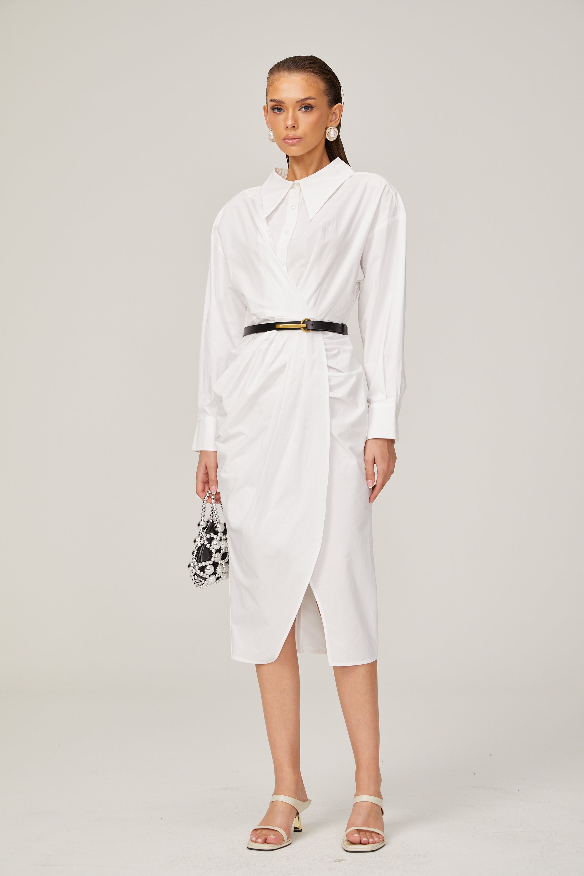 Dorothée white warp-design midi shirt dress