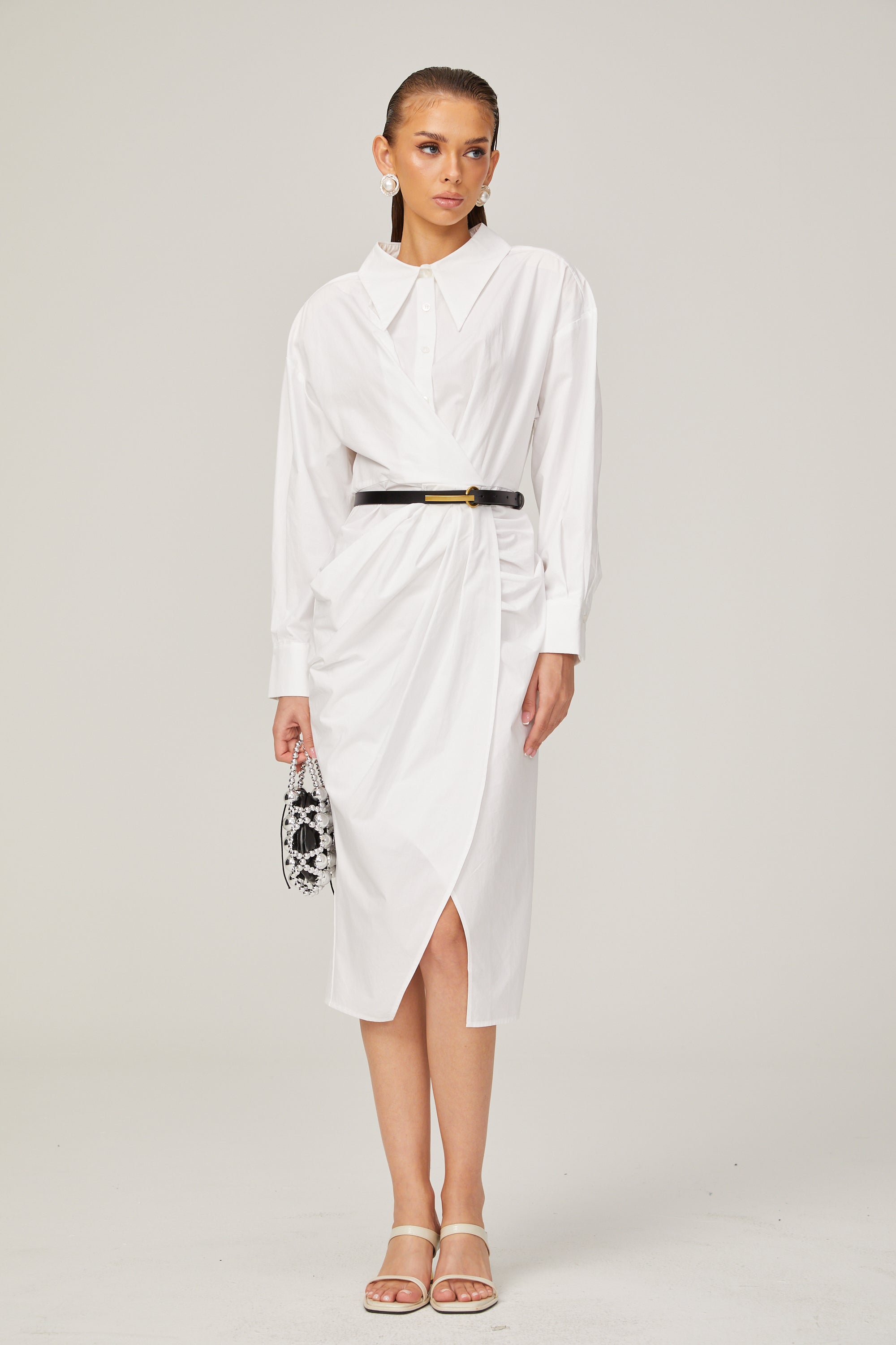 Dorothée white warp-design midi shirt dress