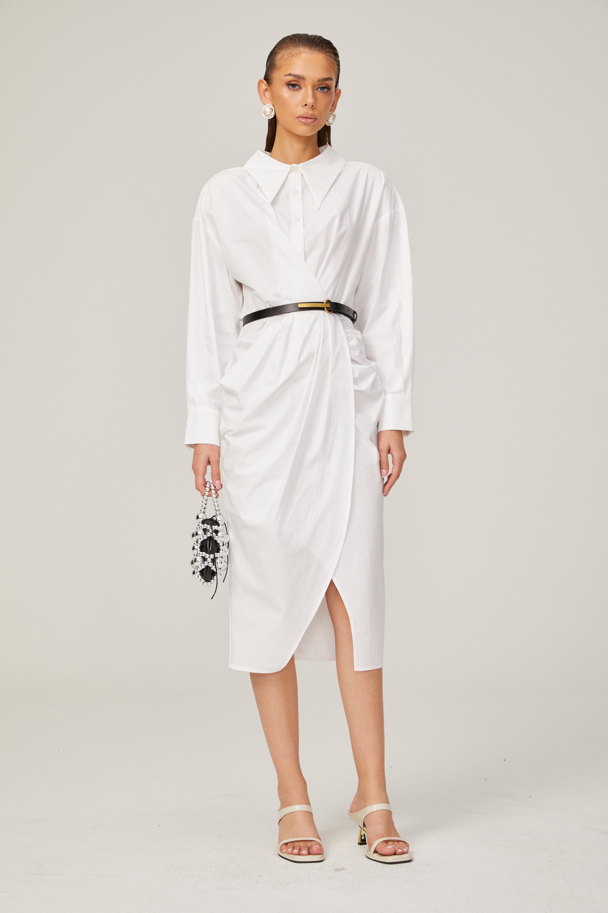 Dorothée white warp-design midi shirt dress