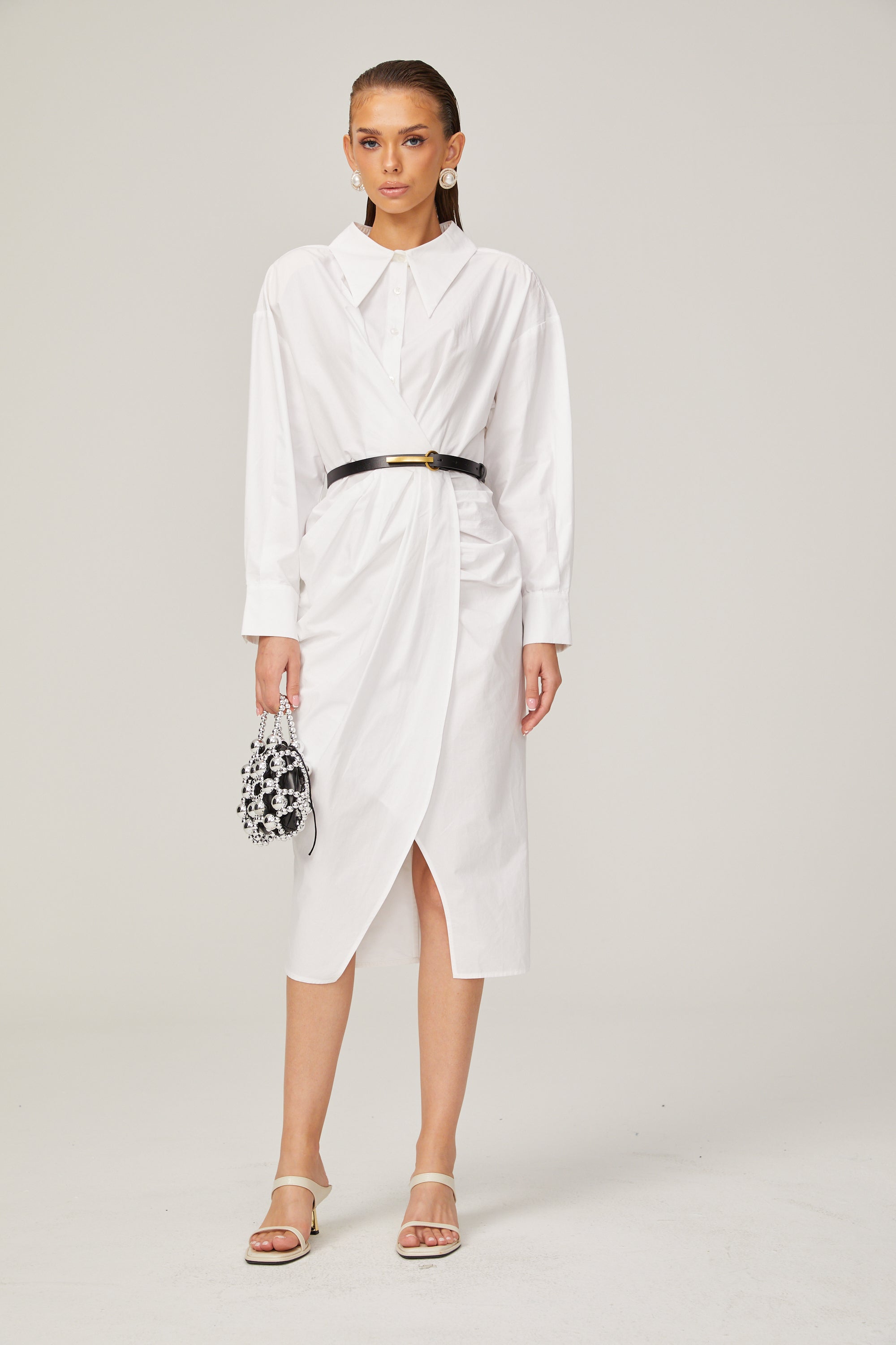 Dorothée white warp-design midi shirt dress