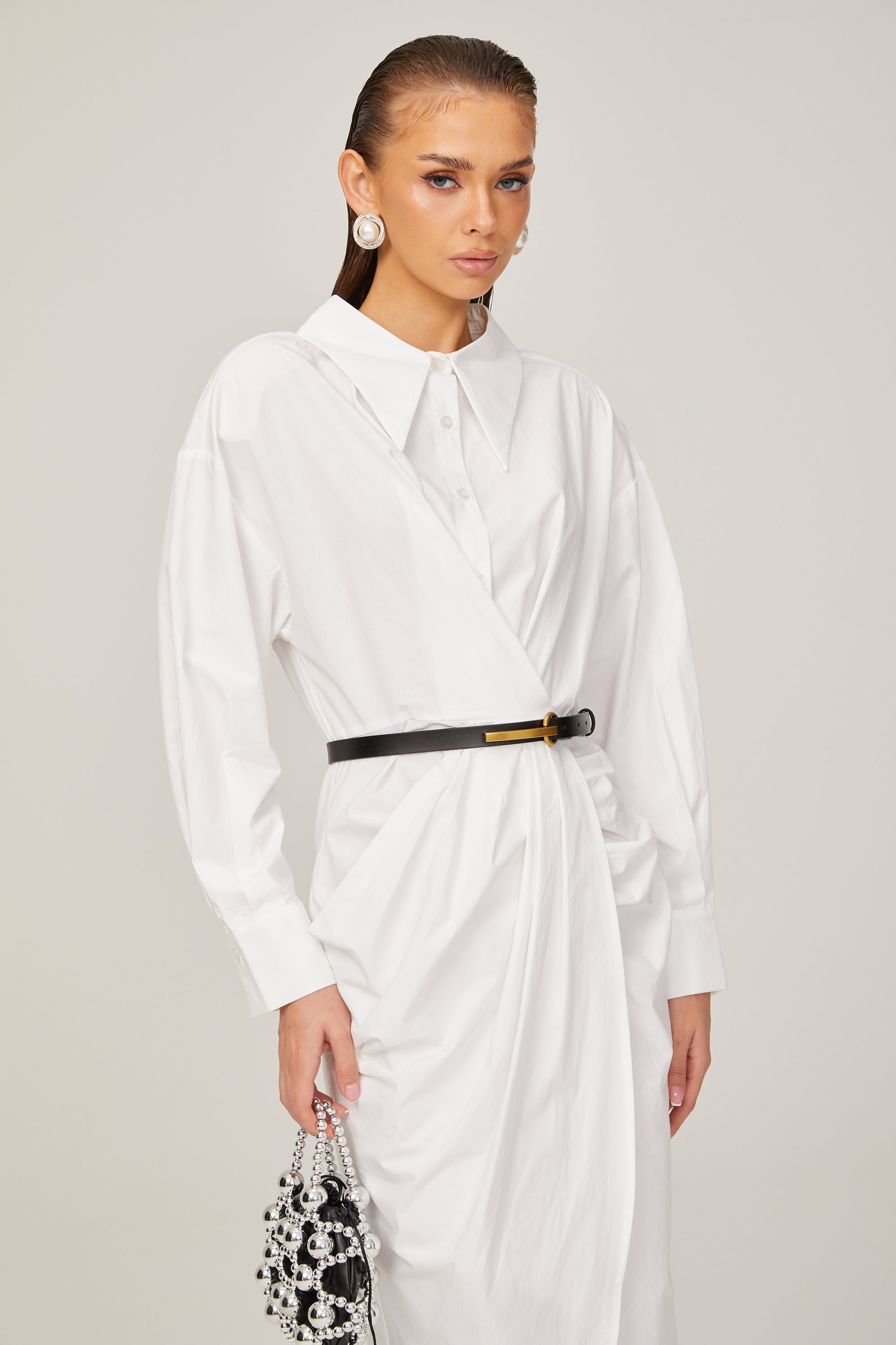 Dorothée white warp-design midi shirt dress