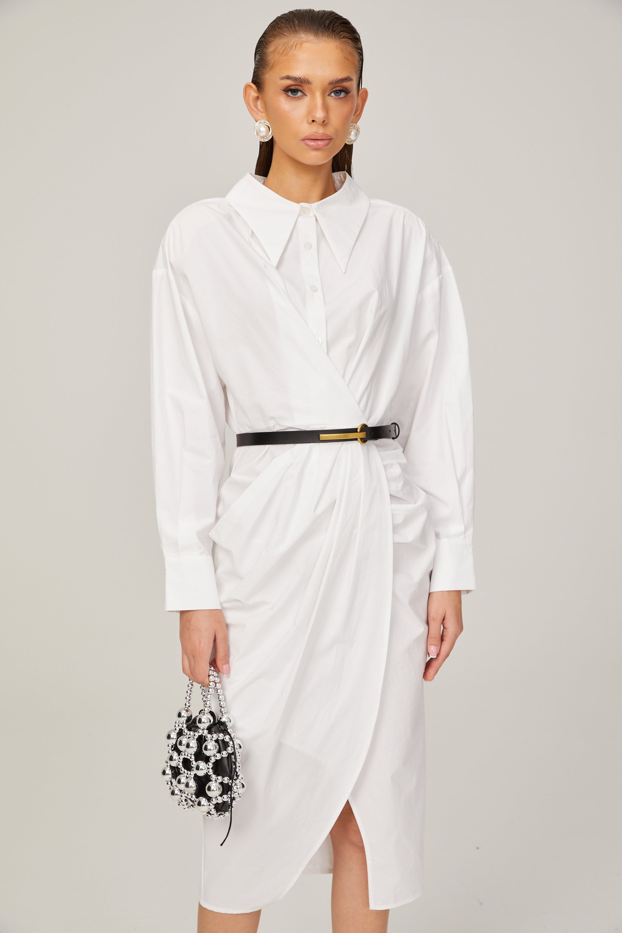 Dorothée white warp-design midi shirt dress