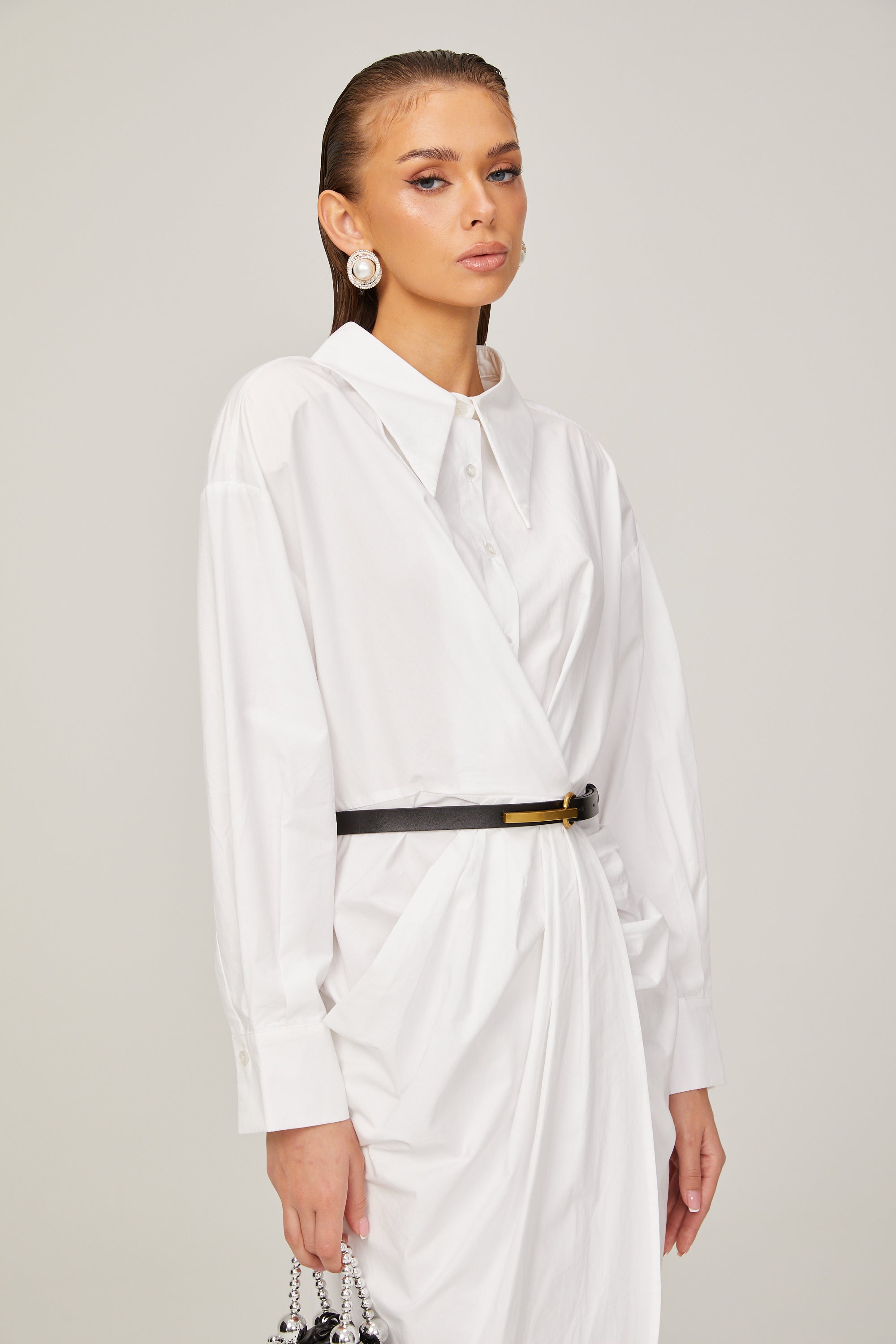 Dorothée white warp-design midi shirt dress