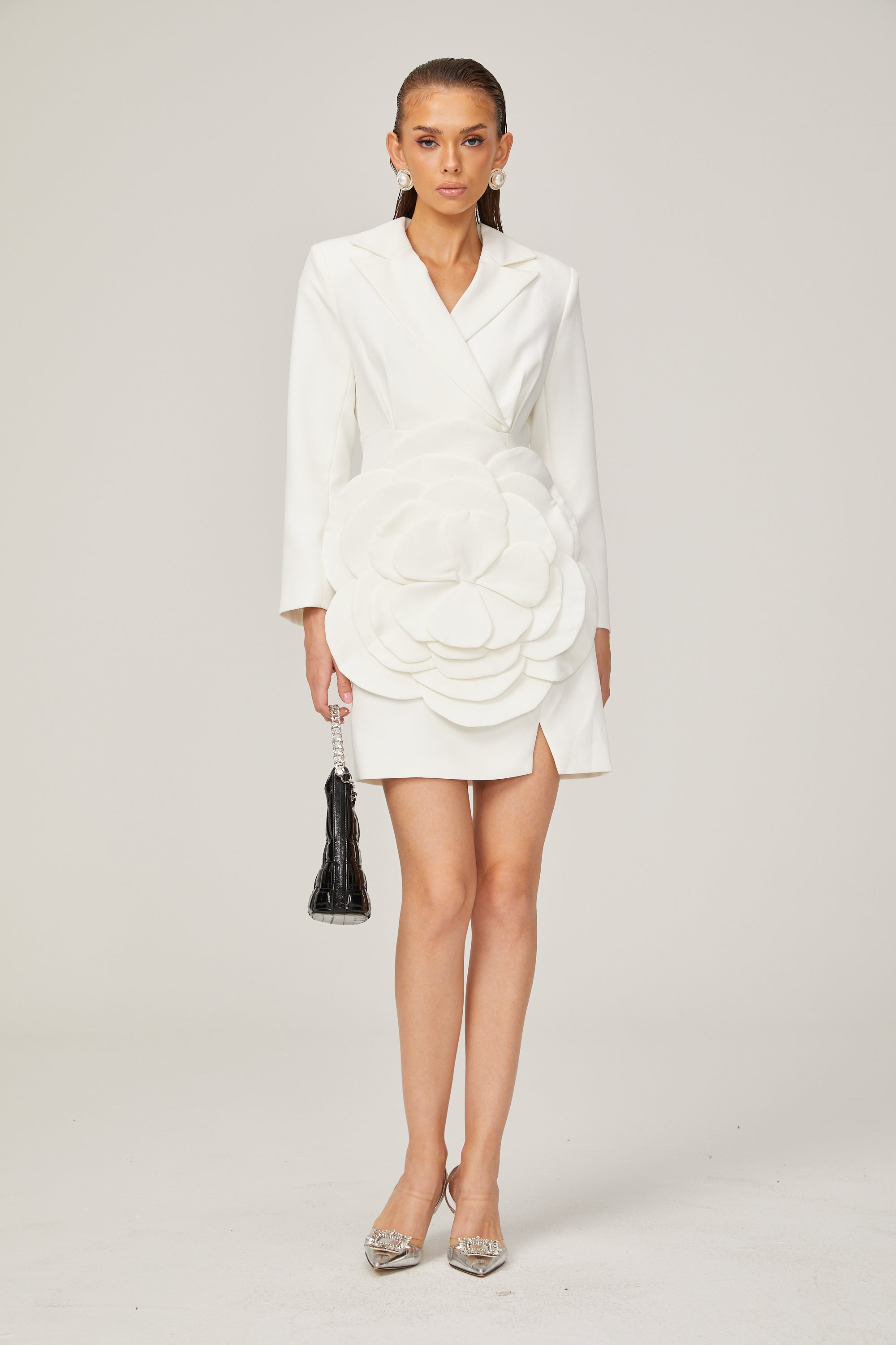 Axelle white flower-appliqué blazer dress