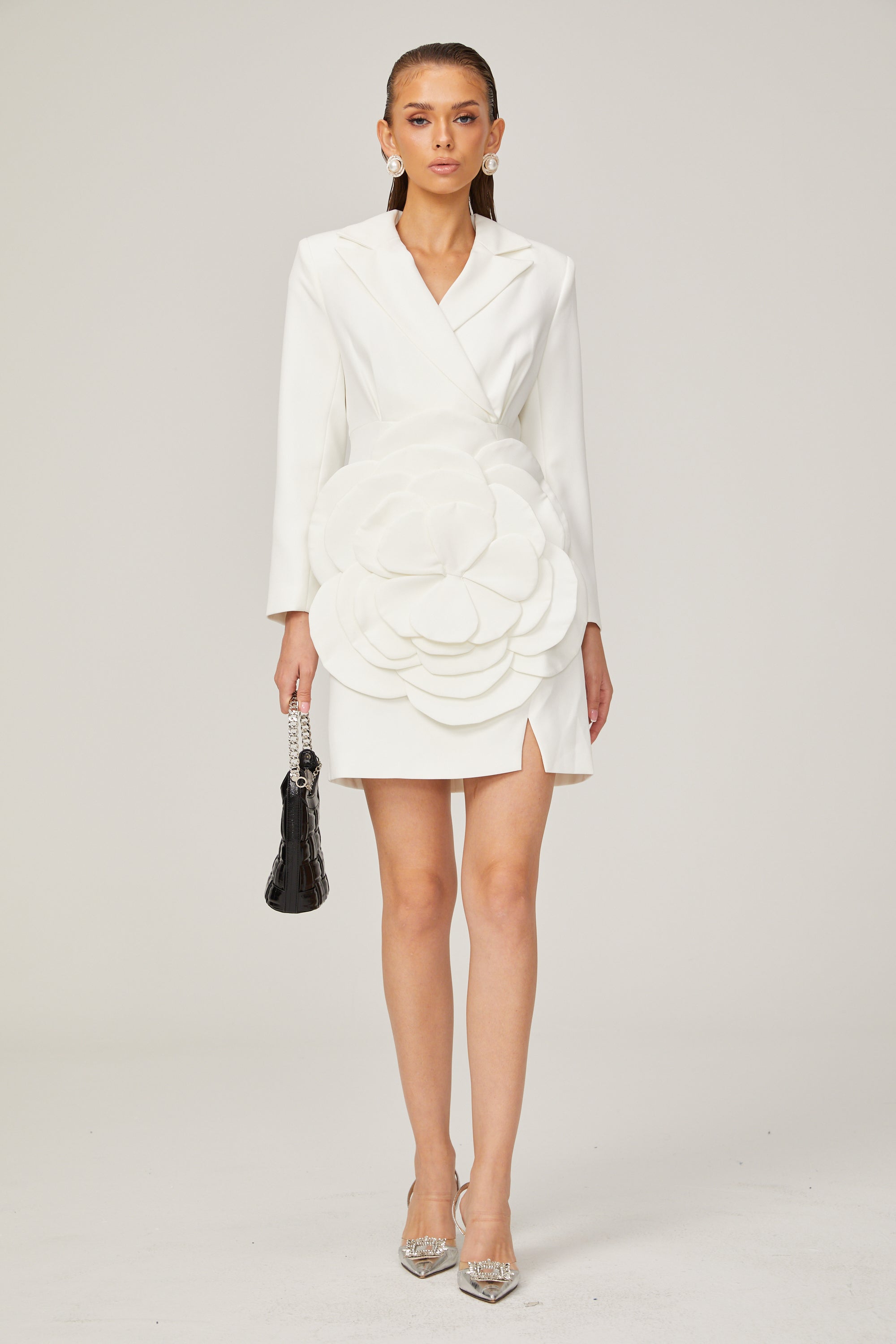 Axelle white flower-appliqué blazer dress