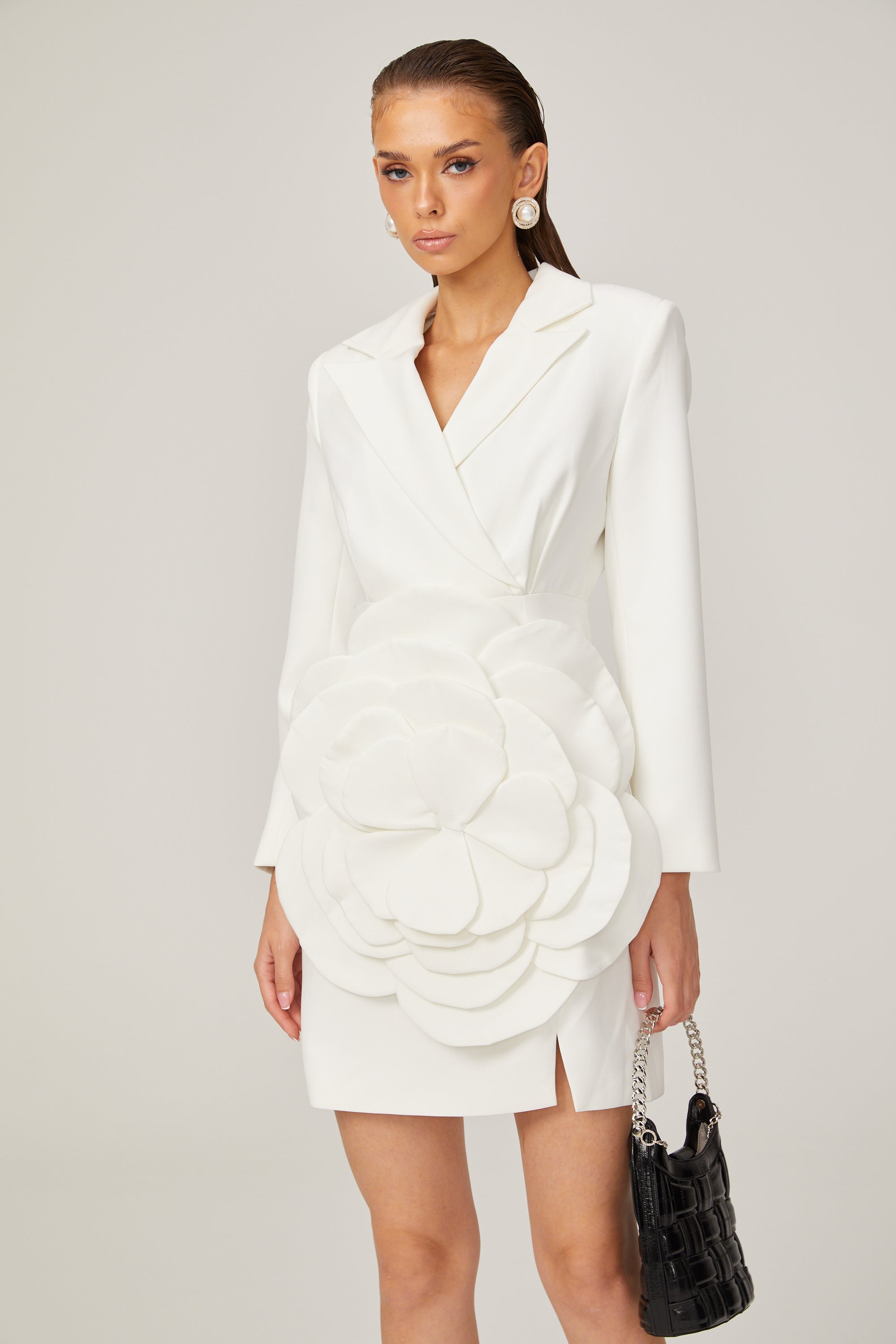 Axelle white flower-appliqué blazer dress