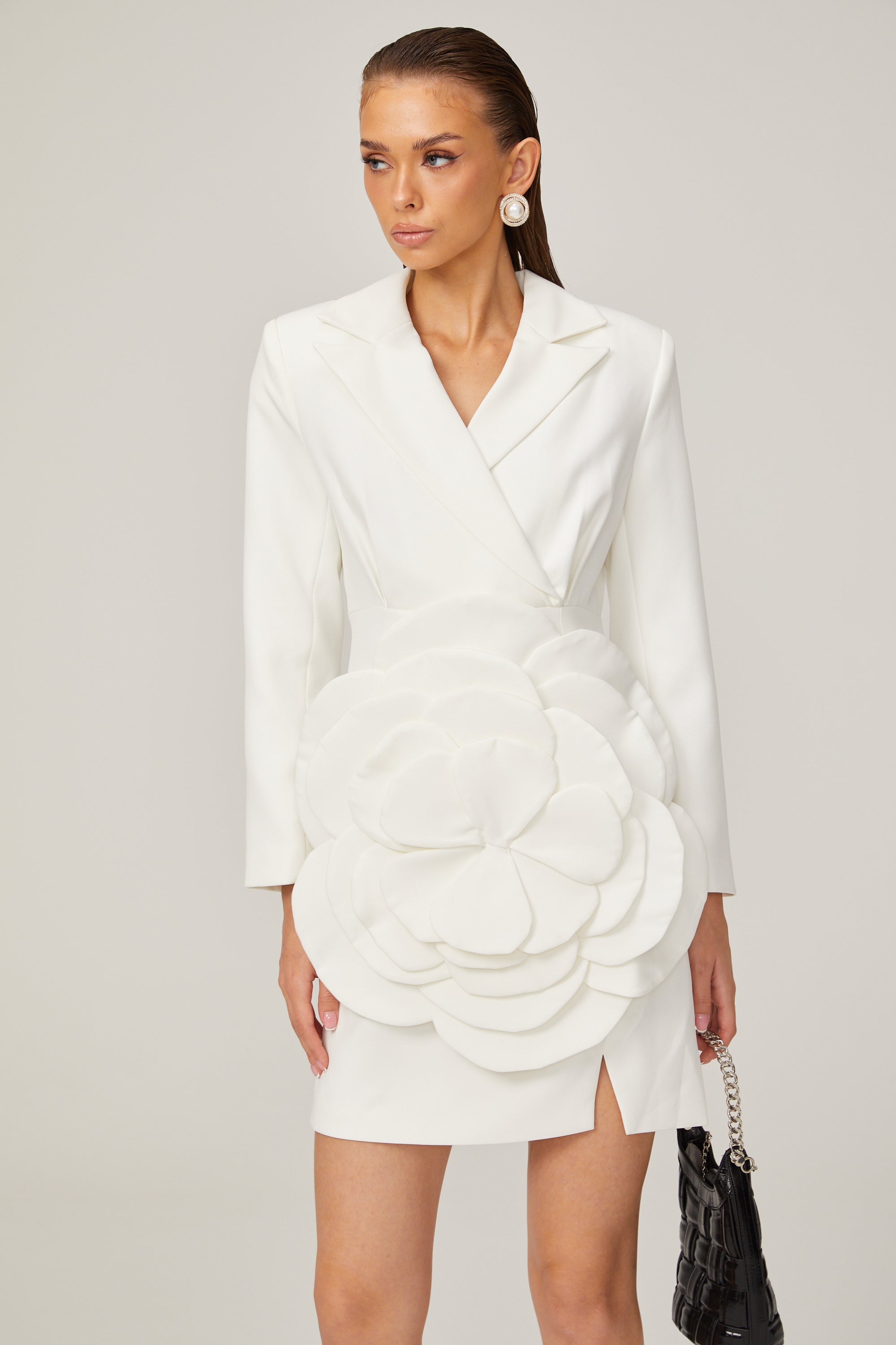 Axelle white flower-appliqué blazer dress