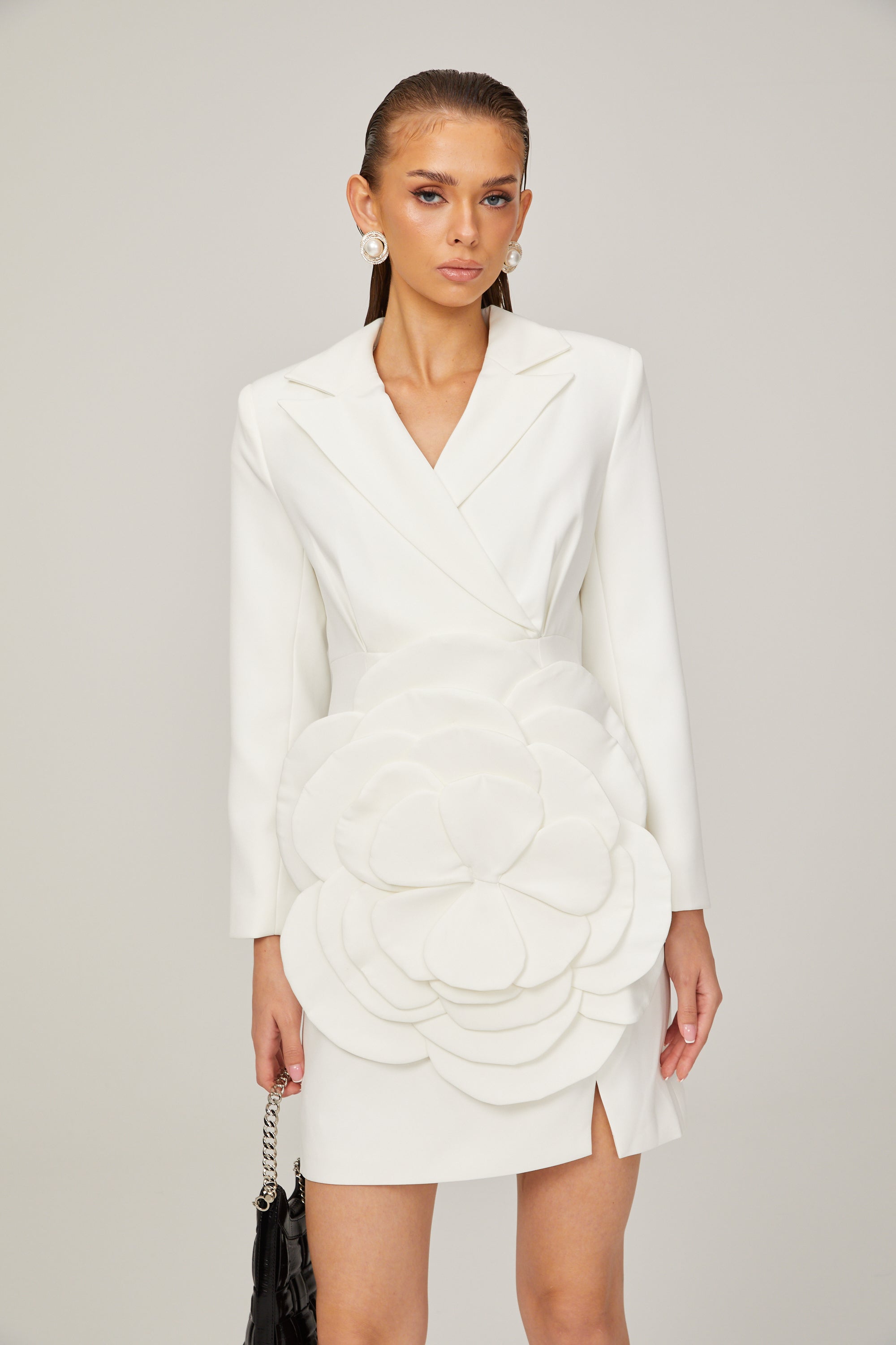 Axelle white flower-appliqué blazer dress