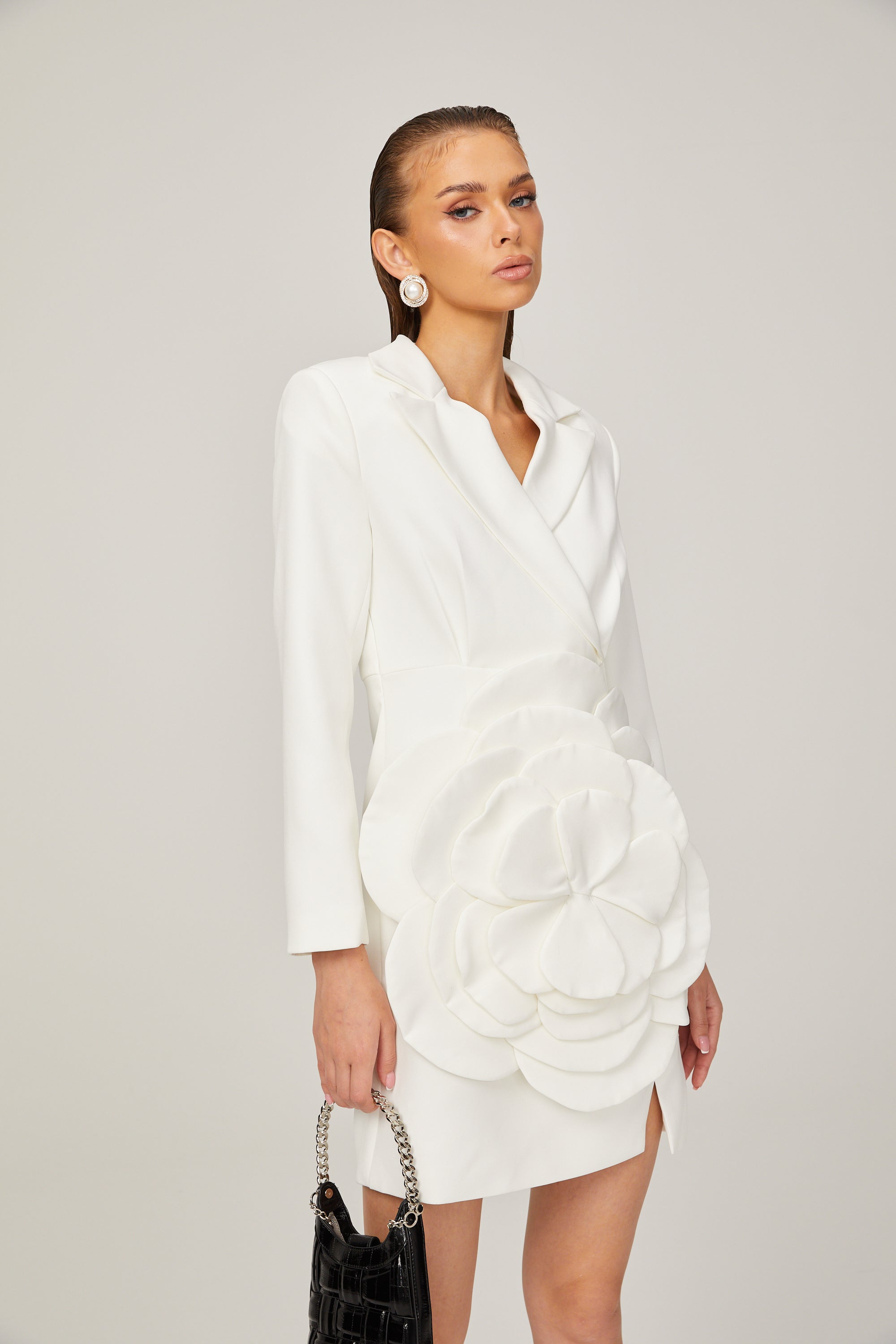 Axelle white flower-appliqué blazer dress