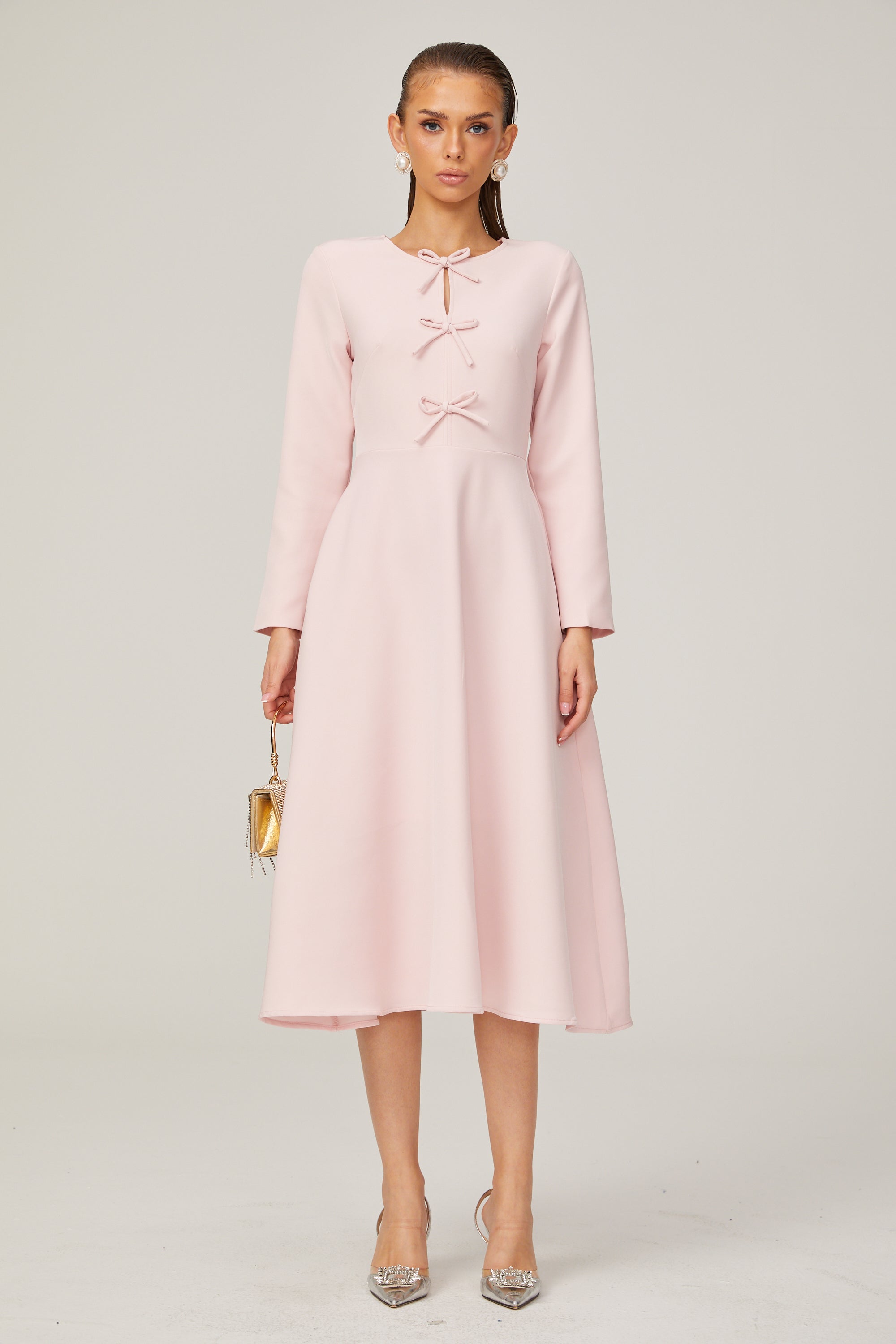 Elise pink bow-detail split-neck midi dress