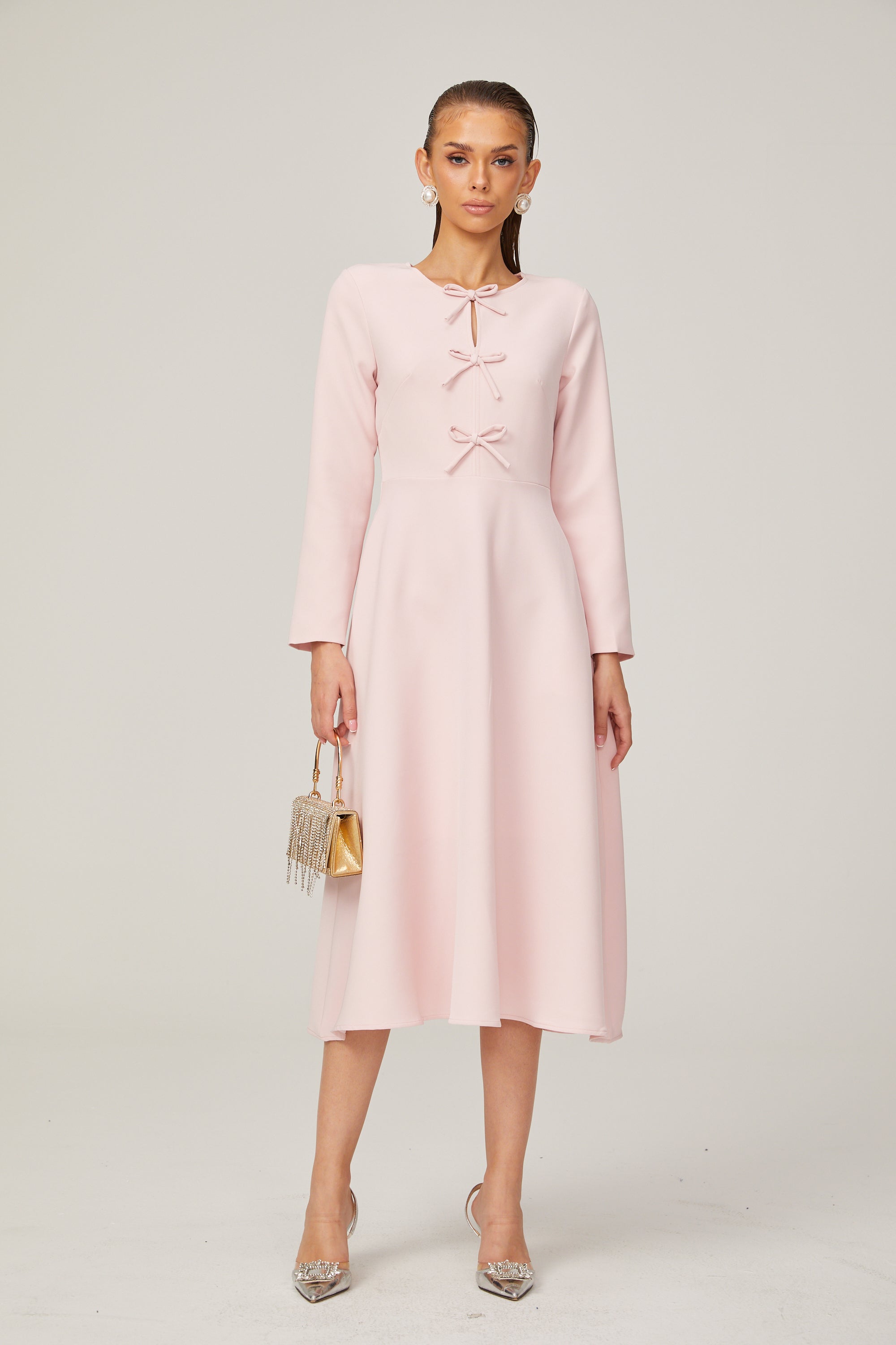 Elise pink bow-detail split-neck midi dress