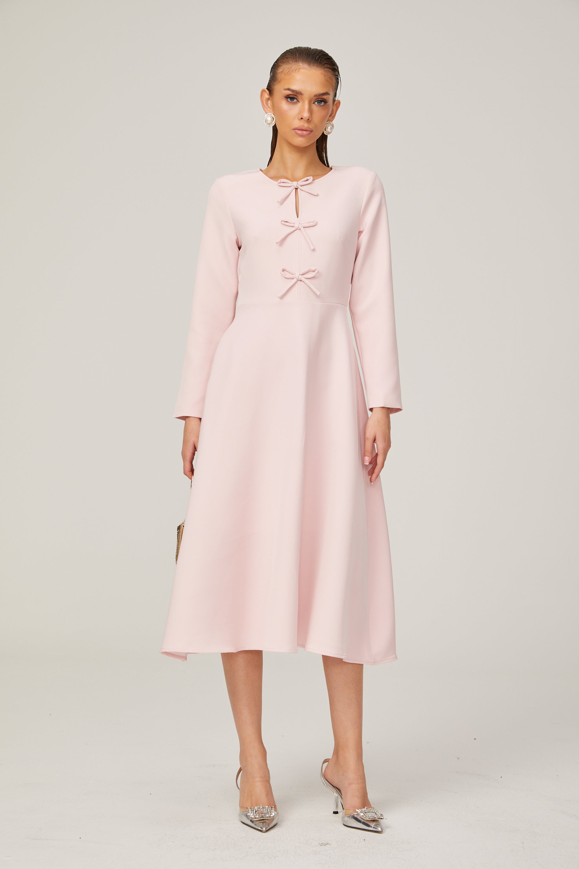 Elise pink bow-detail split-neck midi dress