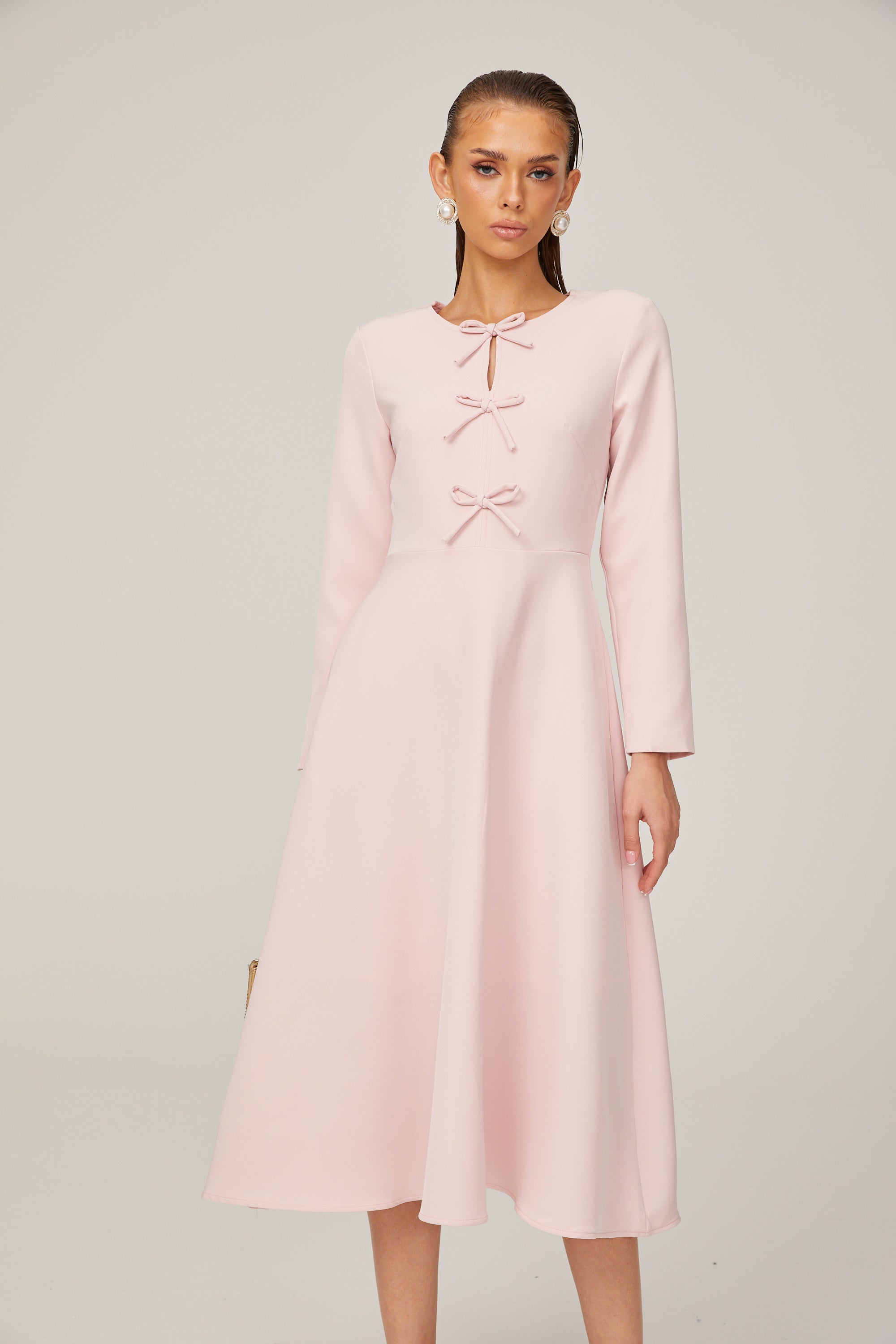 Elise pink bow-detail split-neck midi dress