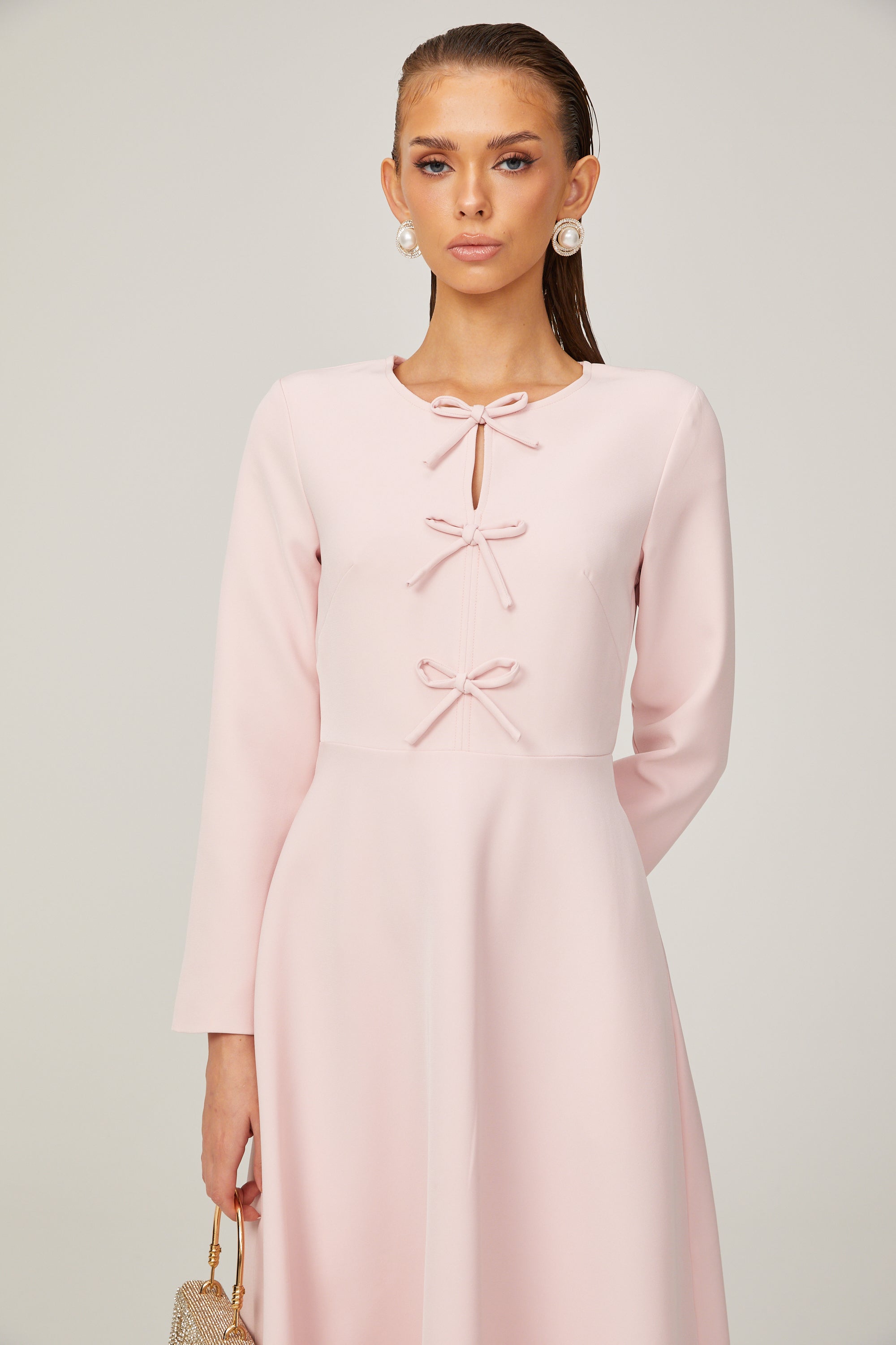 Elise pink bow-detail split-neck midi dress