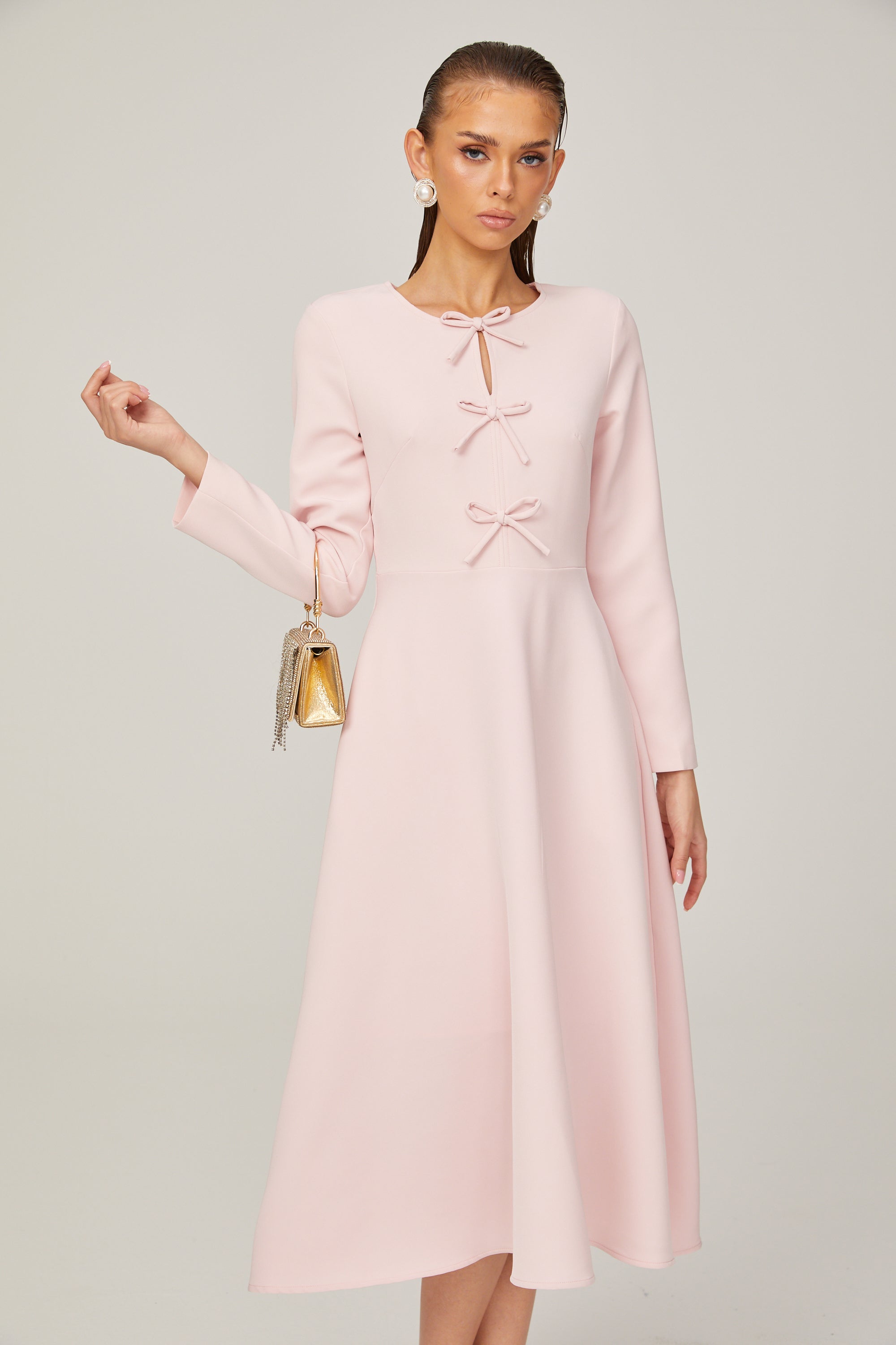 Elise pink bow-detail split-neck midi dress