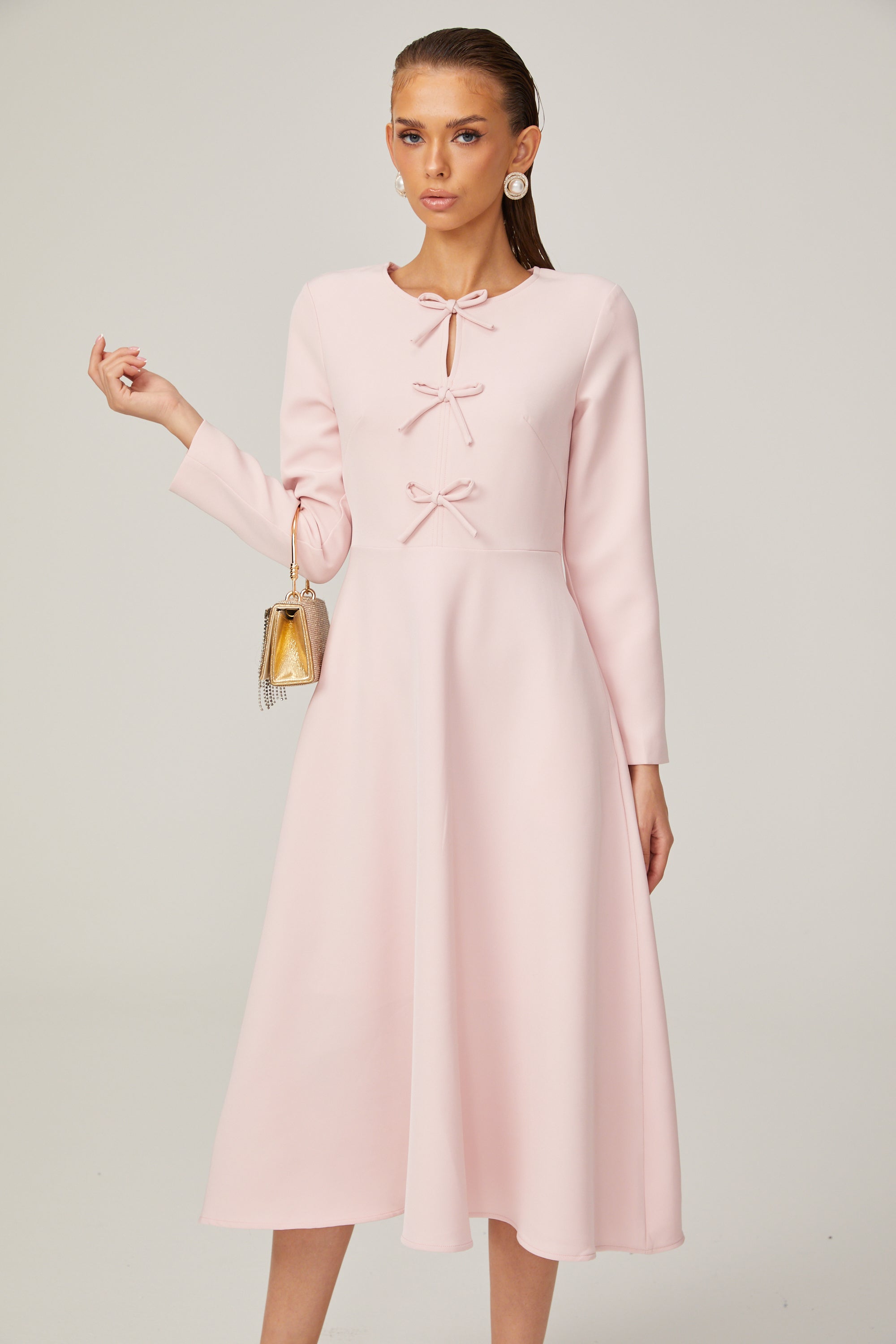 Elise pink bow-detail split-neck midi dress