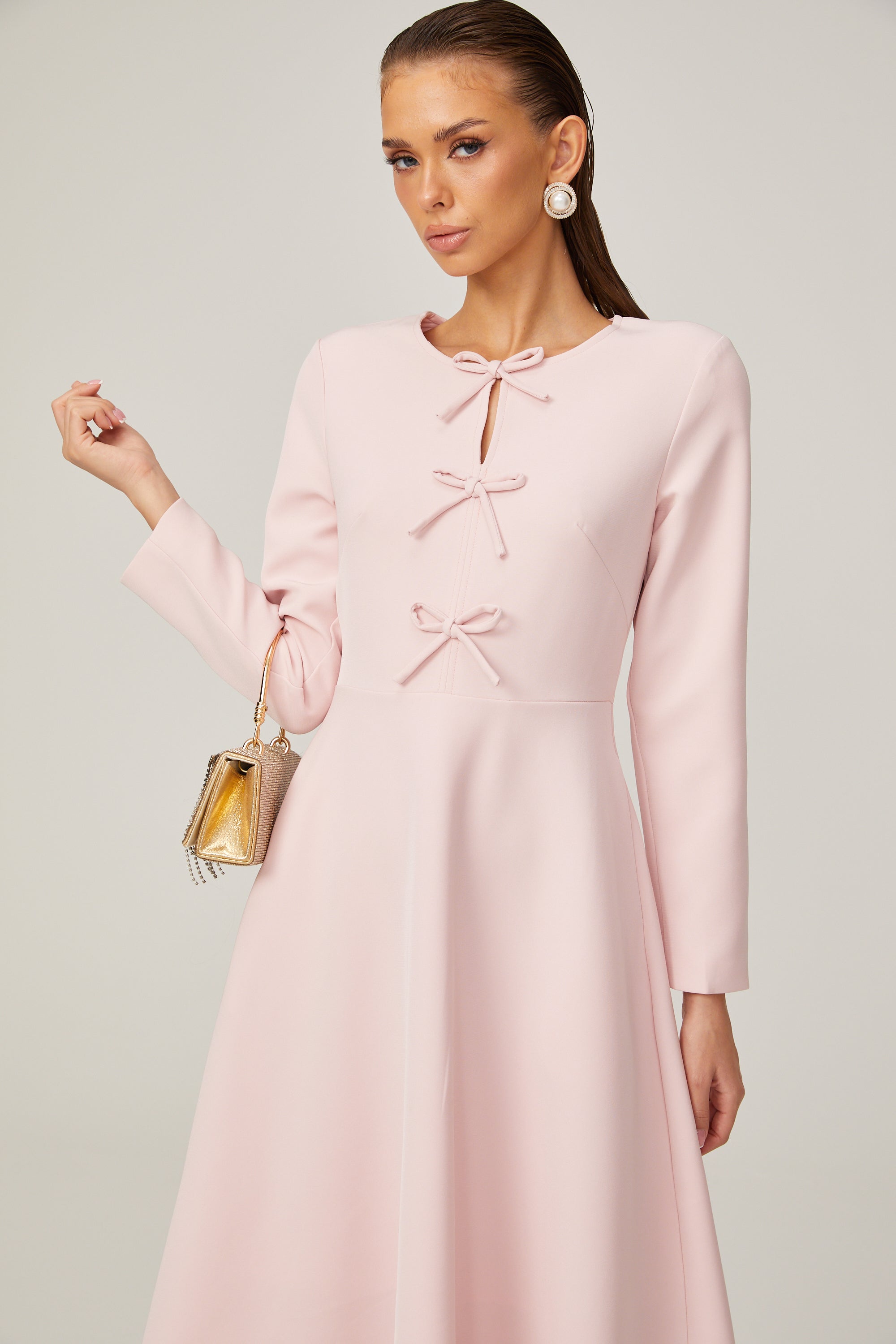 Elise pink bow-detail split-neck midi dress